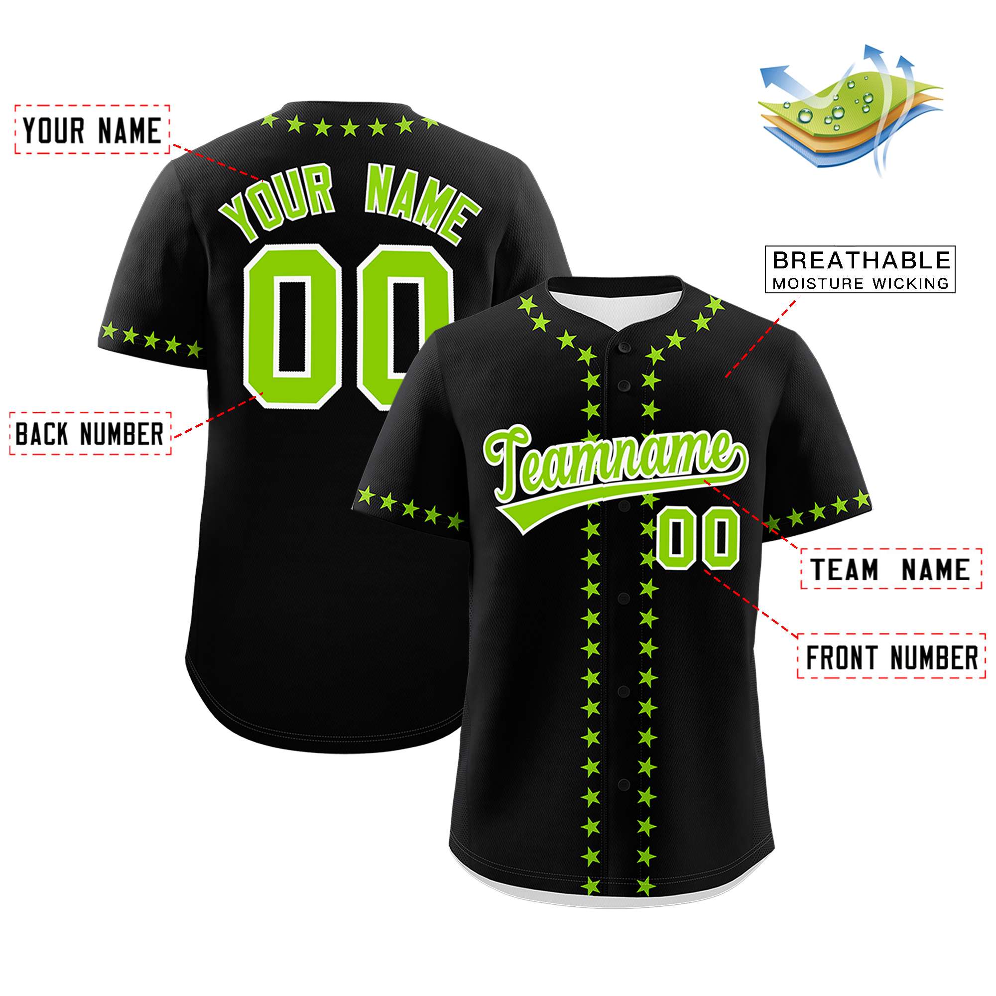 Custom Black Neon Green Star Ribbing Authentic Baseball Jersey