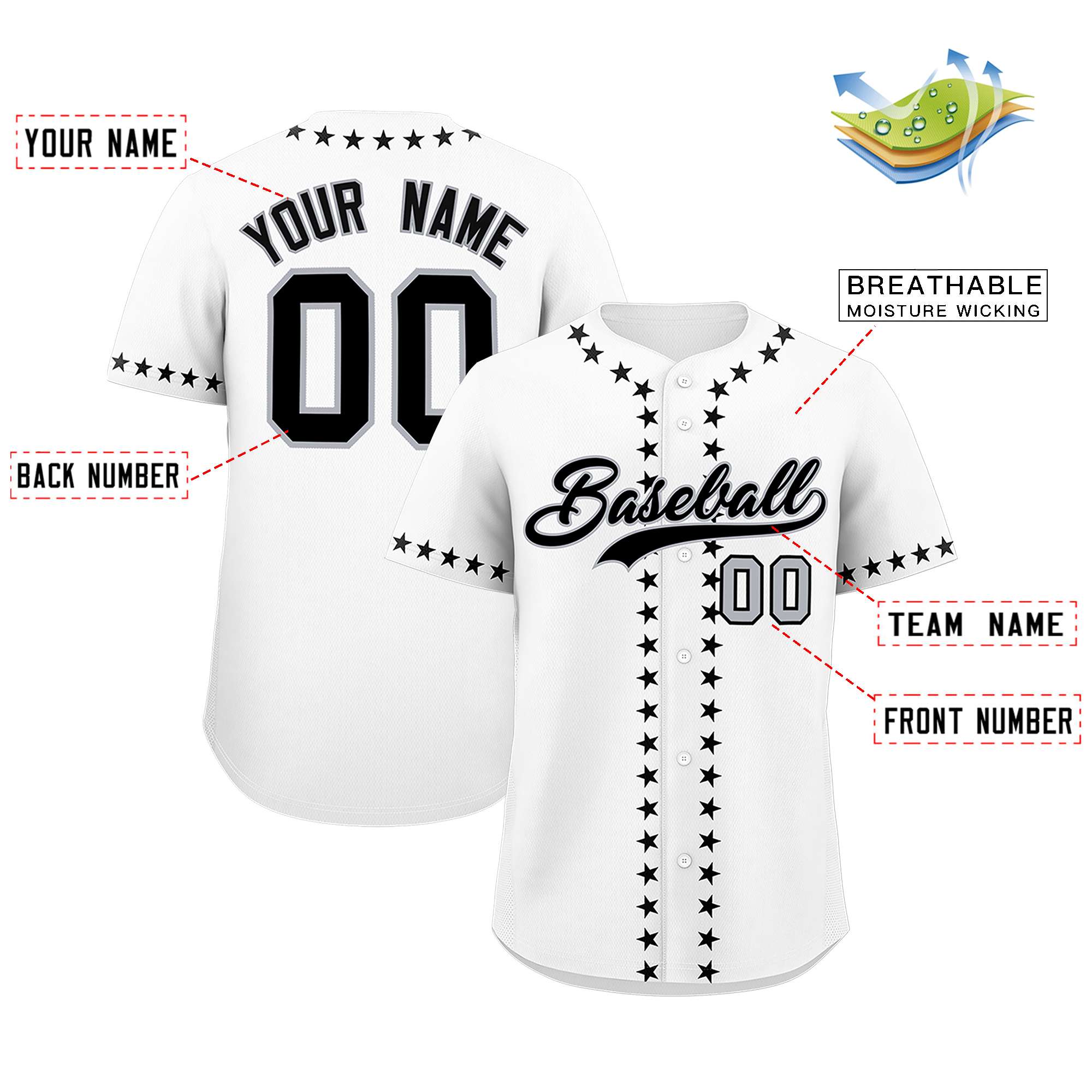 Custom White Black Star Ribbing Authentic Baseball Jersey