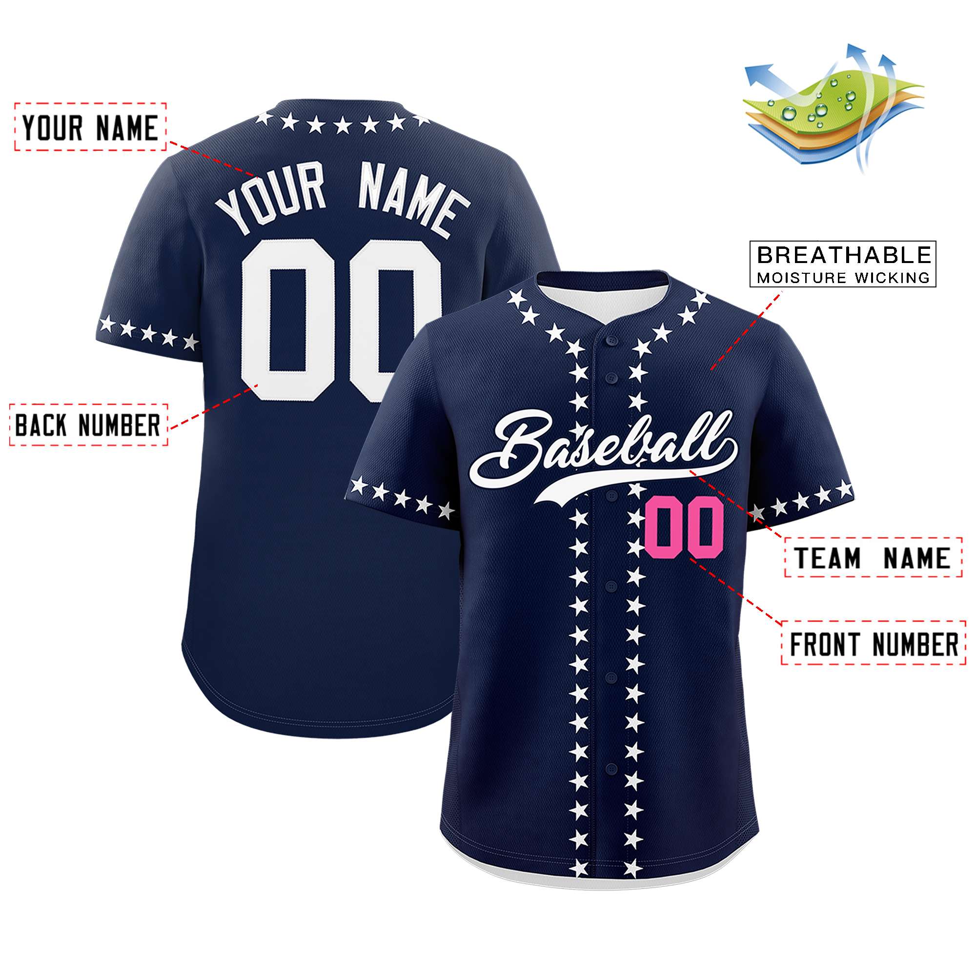 Custom Navy White Star Ribbing Authentic Baseball Jersey