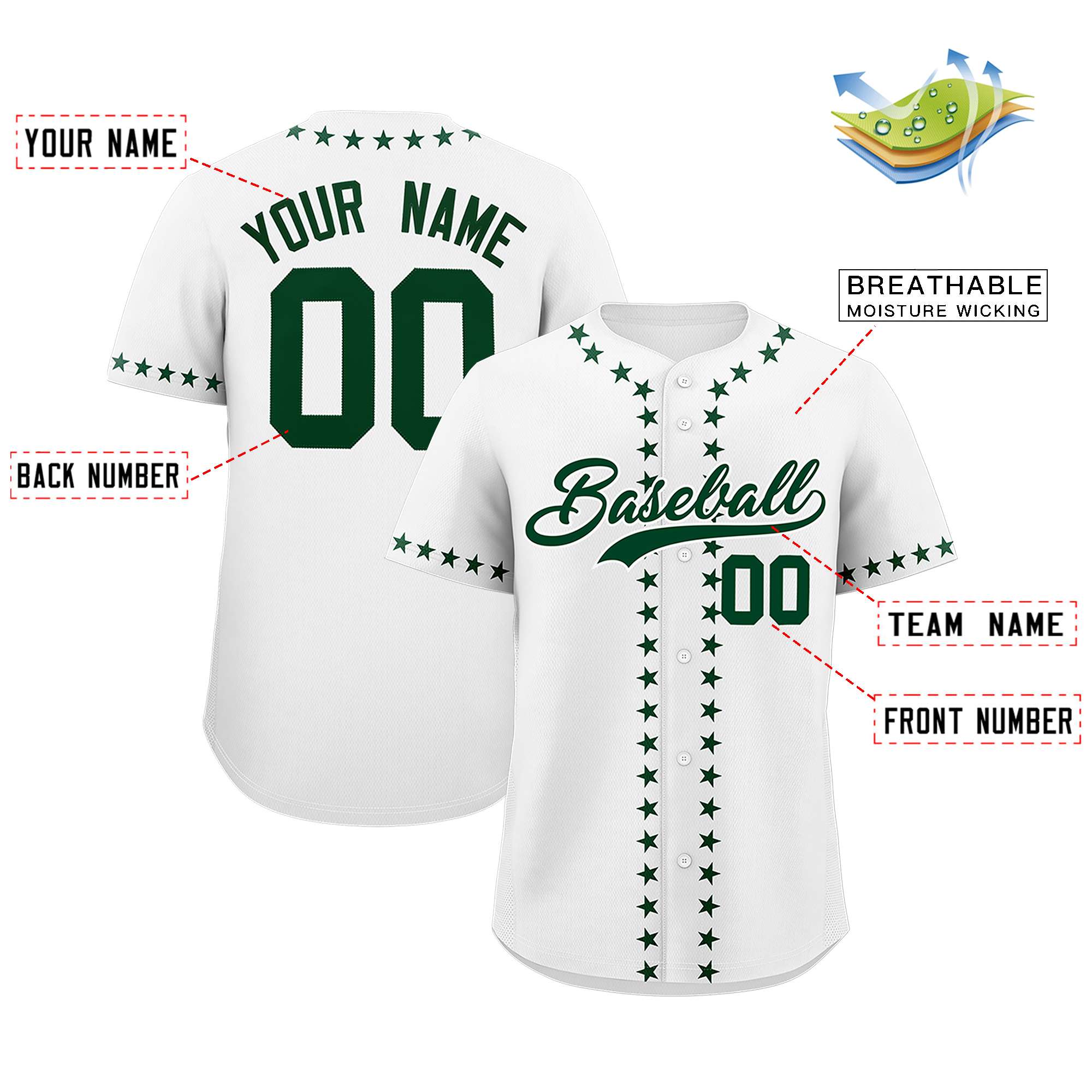 Custom White Green Star Ribbing Authentic Baseball Jersey