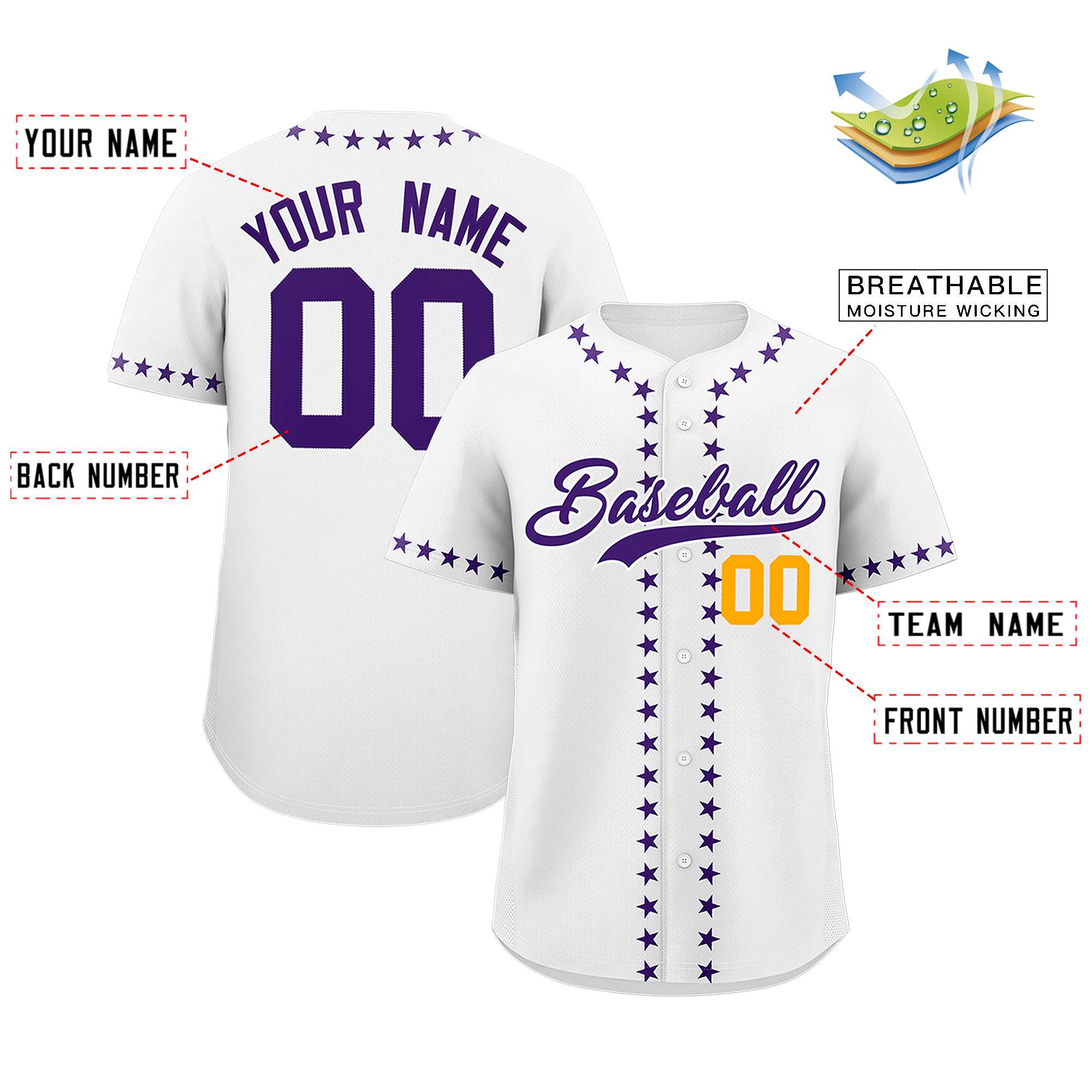 Custom White Purple Star Ribbing Authentic Baseball Jersey