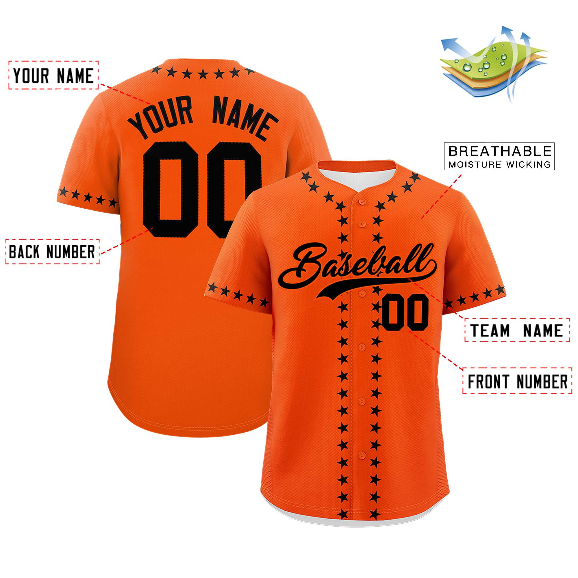 Custom Orange Black Star Ribbing Authentic Baseball Jersey