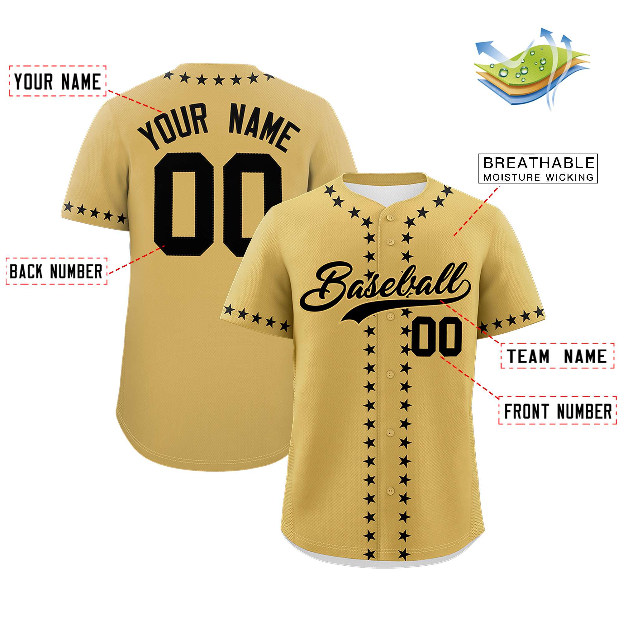 Custom Old Gold Black Star Ribbing Authentic Baseball Jersey