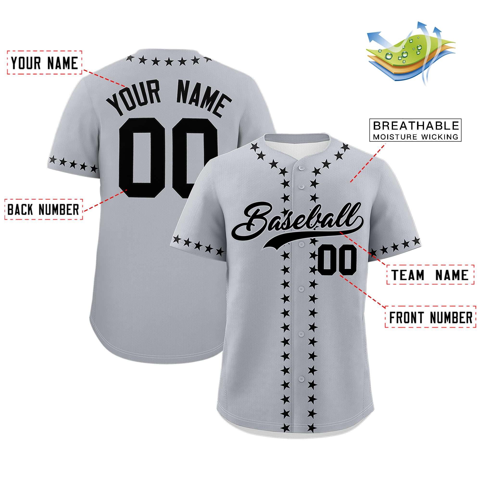 Custom Gray Black Star Ribbing Authentic Baseball Jersey