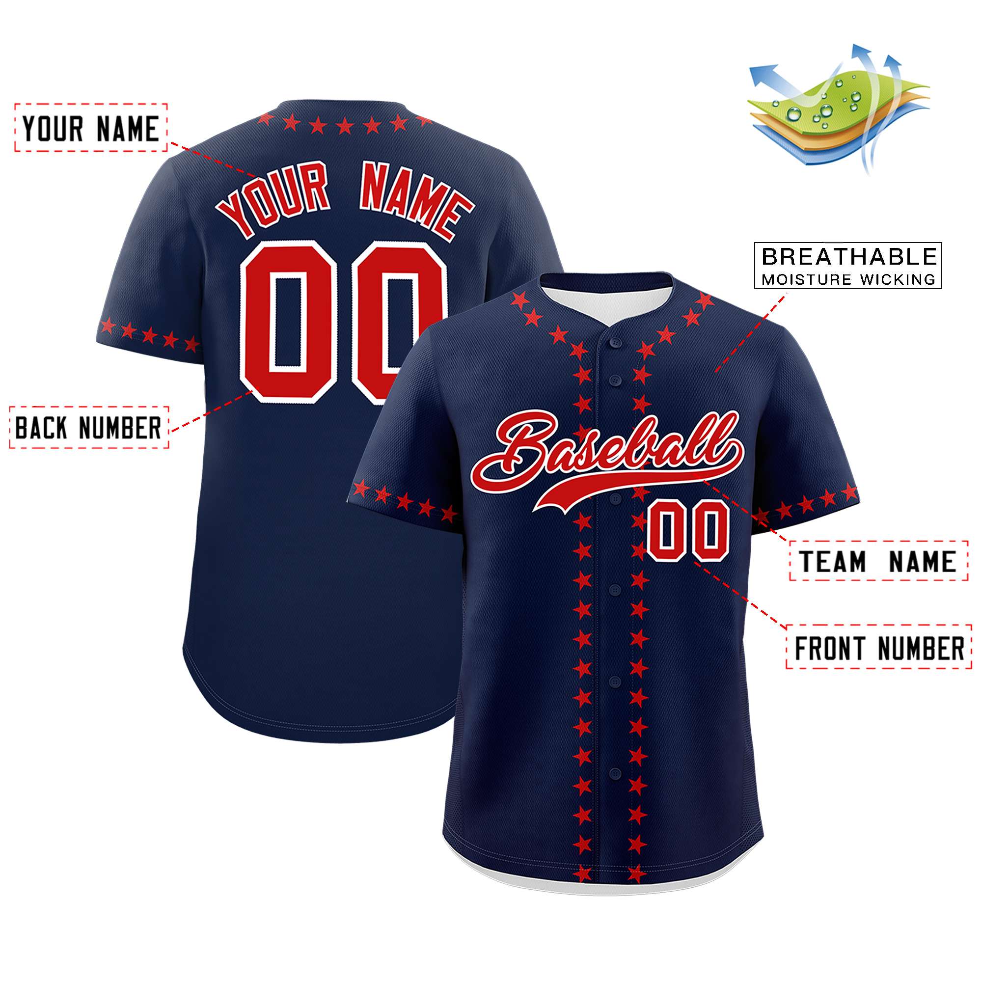 Custom Navy Red Star Ribbing Authentic Baseball Jersey