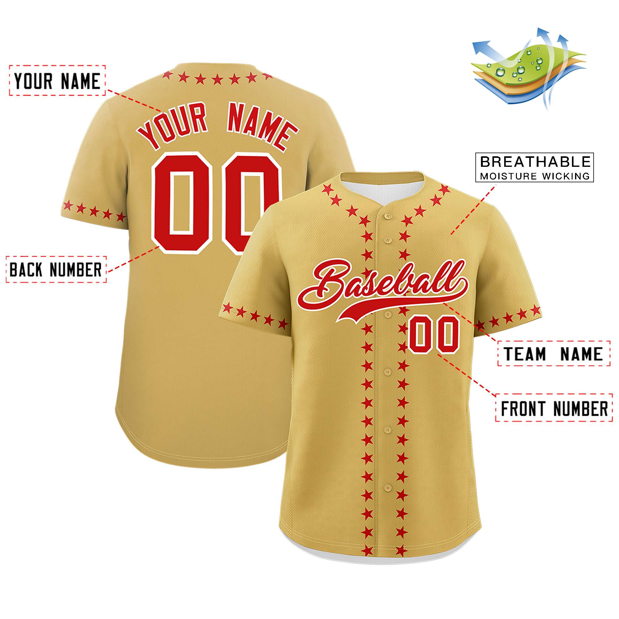 Custom Old Gold Red Star Ribbing Authentic Baseball Jersey