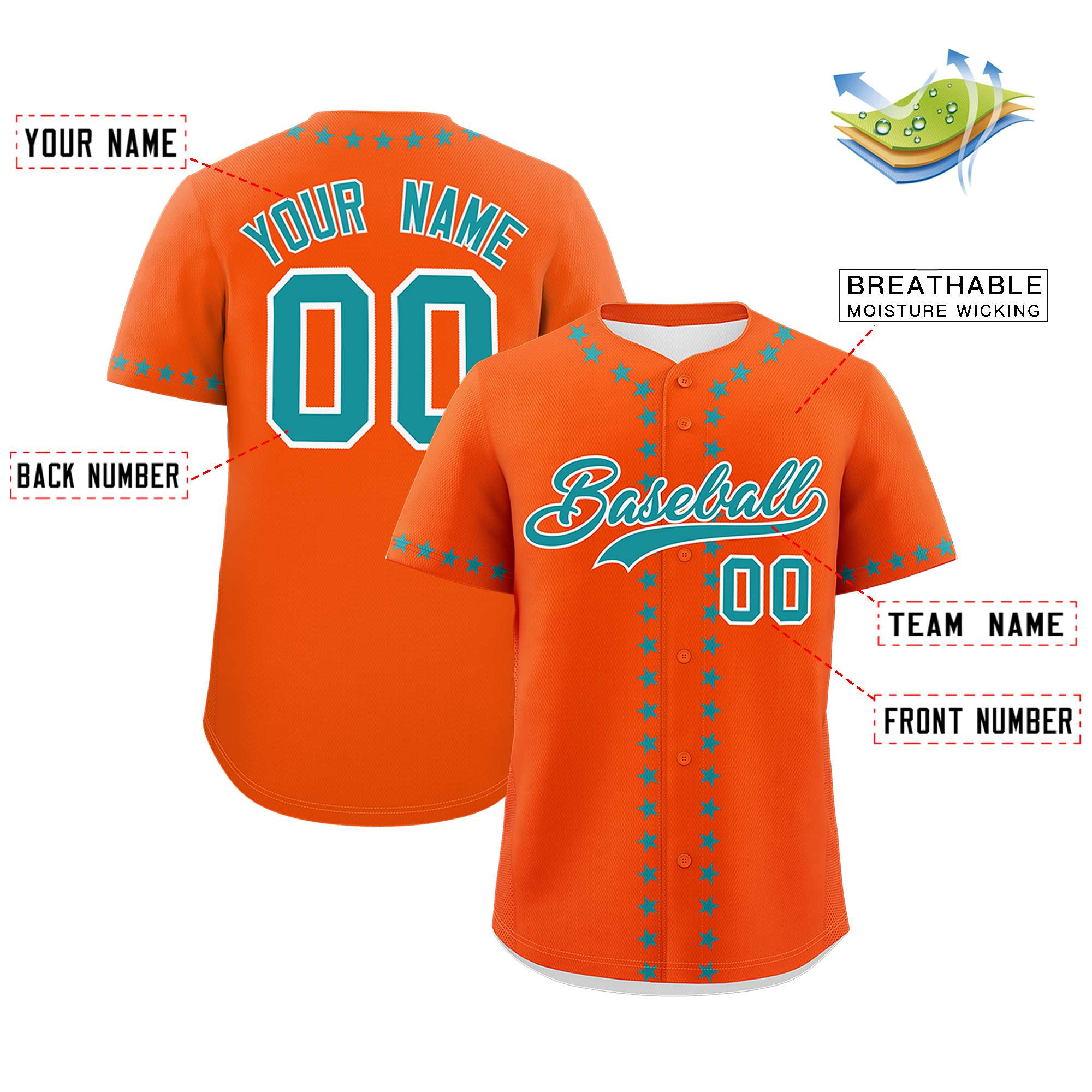 Custom Orange Aqua Star Ribbing Authentic Baseball Jersey