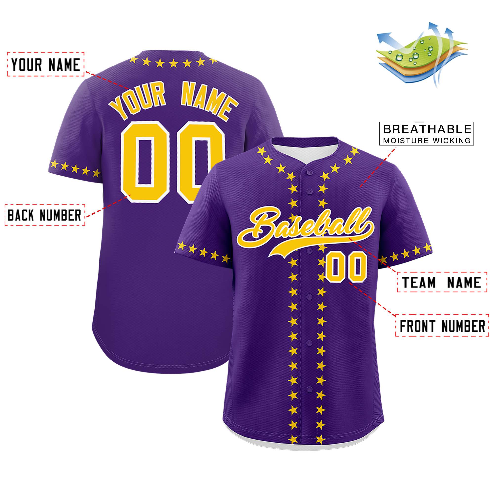 Custom Purple Gold Star Ribbing Authentic Baseball Jersey