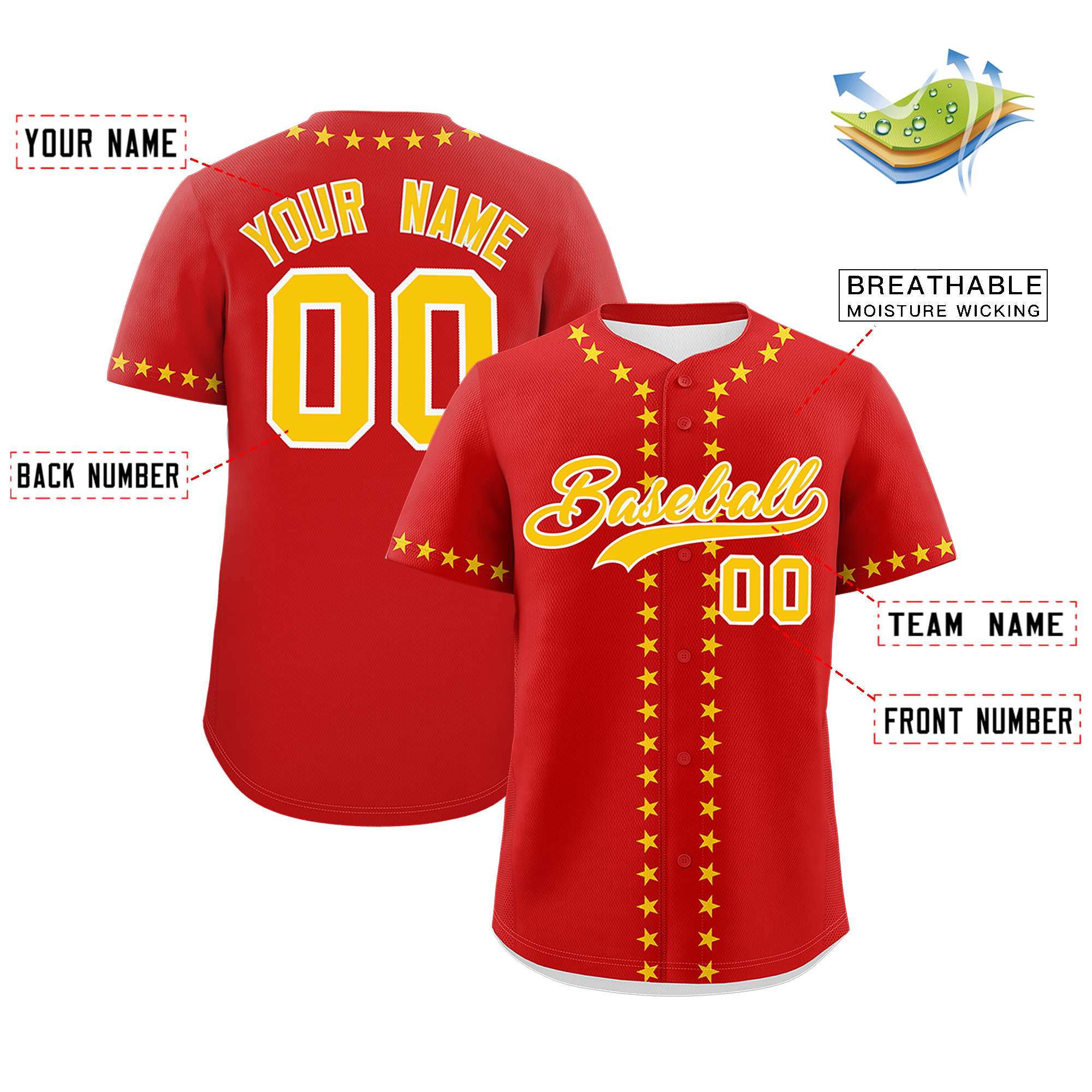 Custom Red Gold Star Ribbing Authentic Baseball Jersey