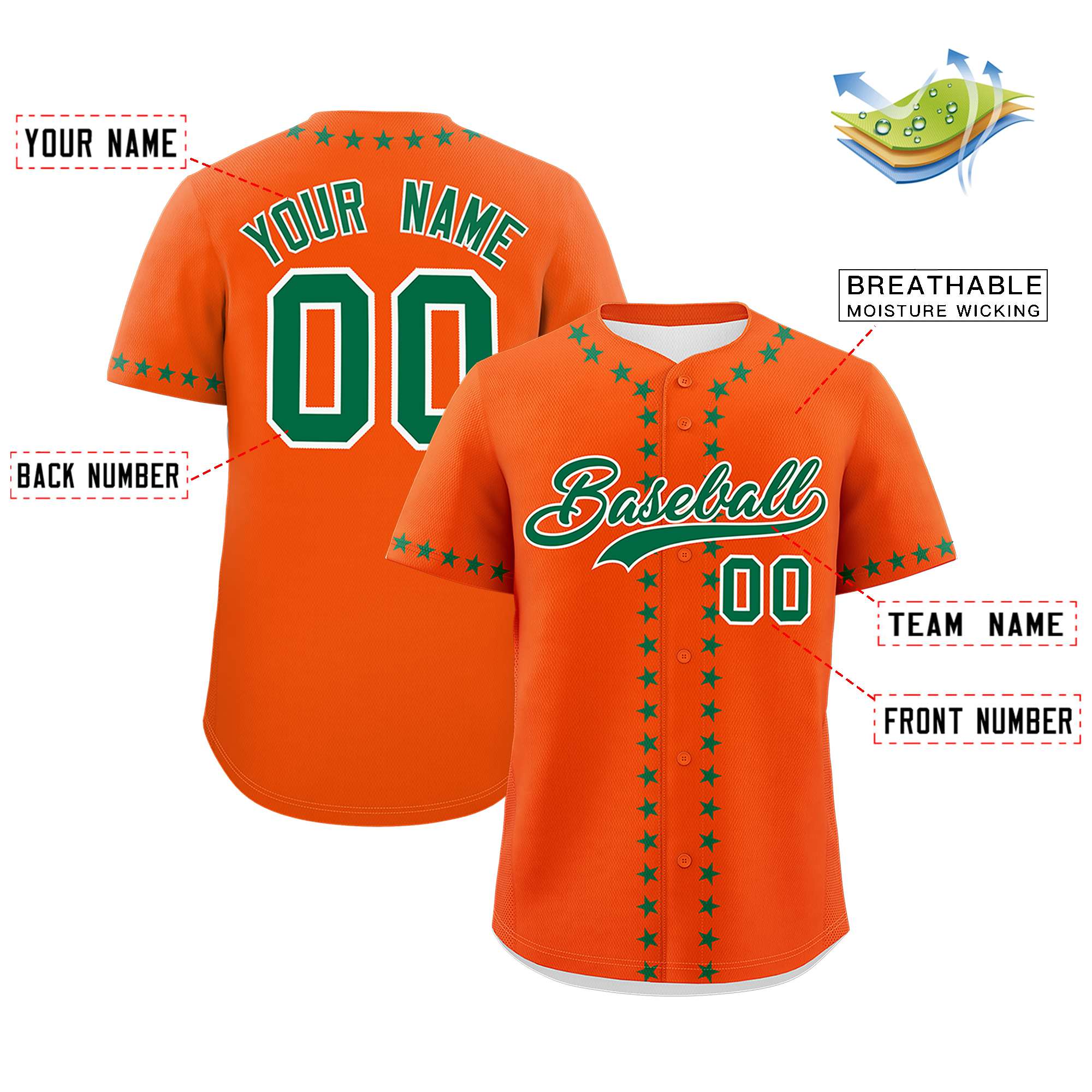 Custom Orange Kelly Green Star Ribbing Authentic Baseball Jersey