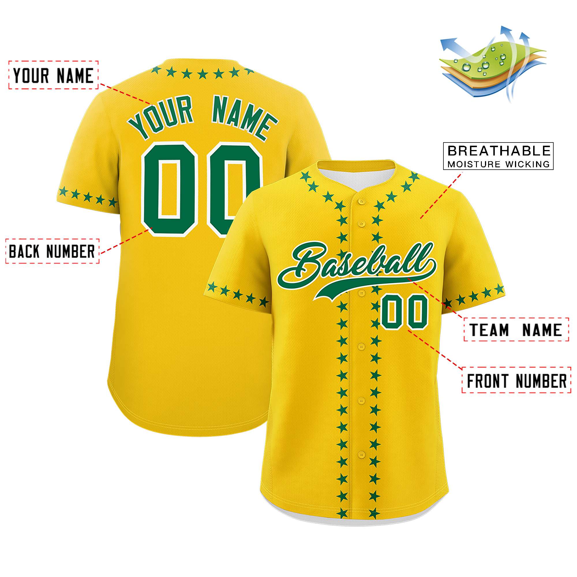 Custom Gold Kelly Green Star Ribbing Authentic Baseball Jersey