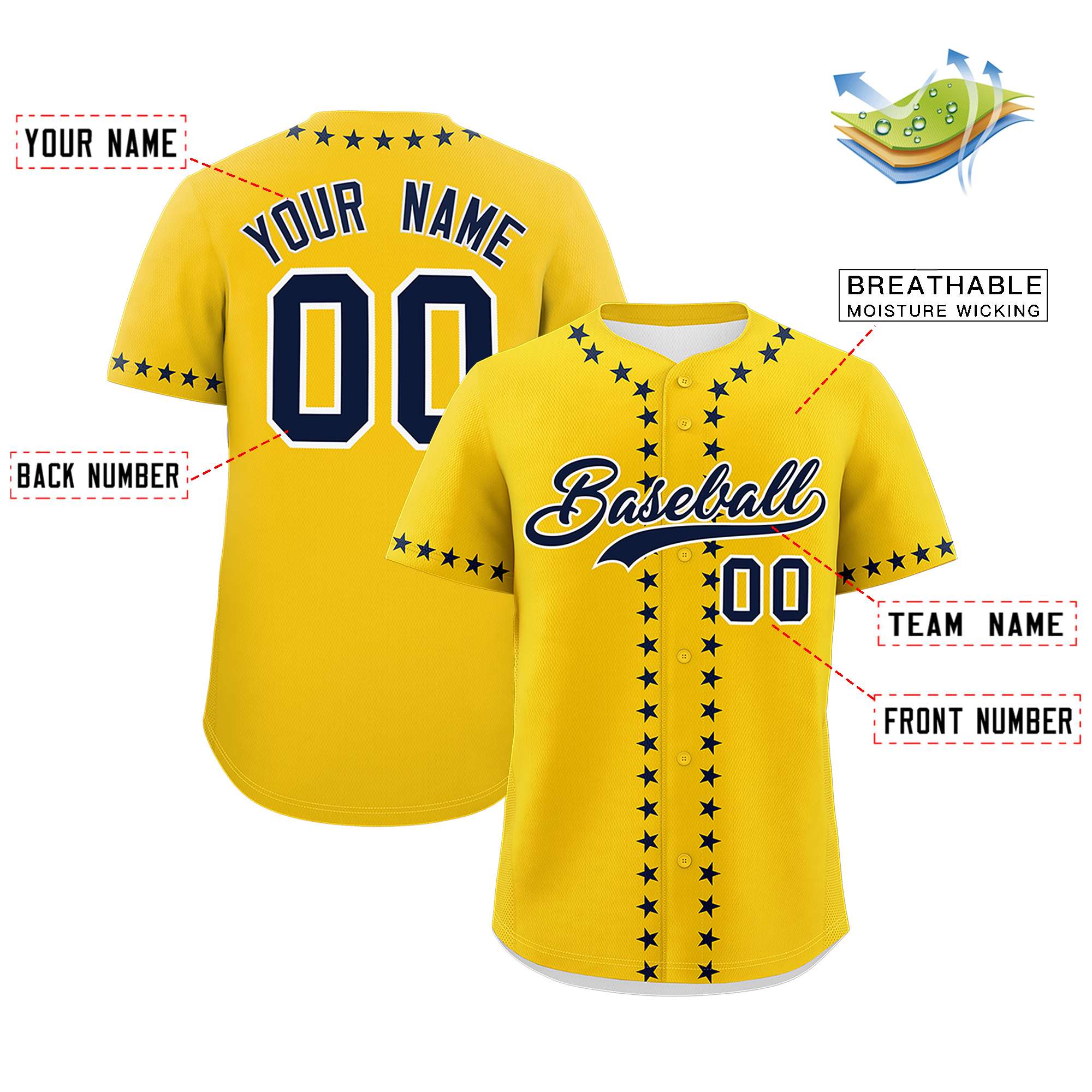 Custom Gold Navy Star Ribbing Authentic Baseball Jersey