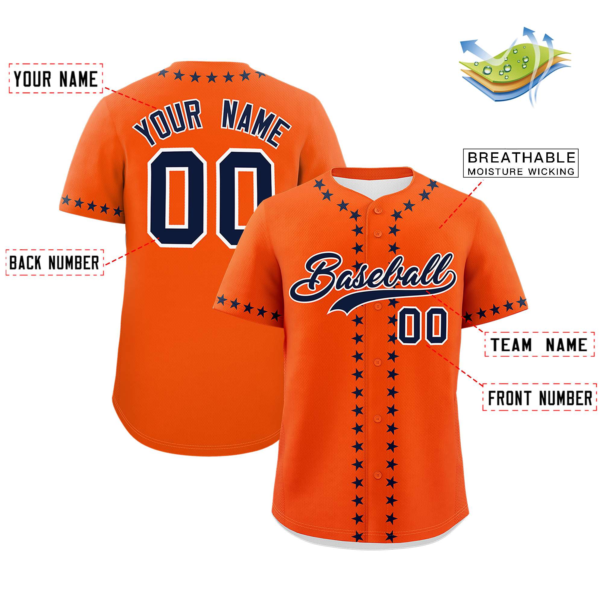 Custom Orange Navy Star Ribbing Authentic Baseball Jersey