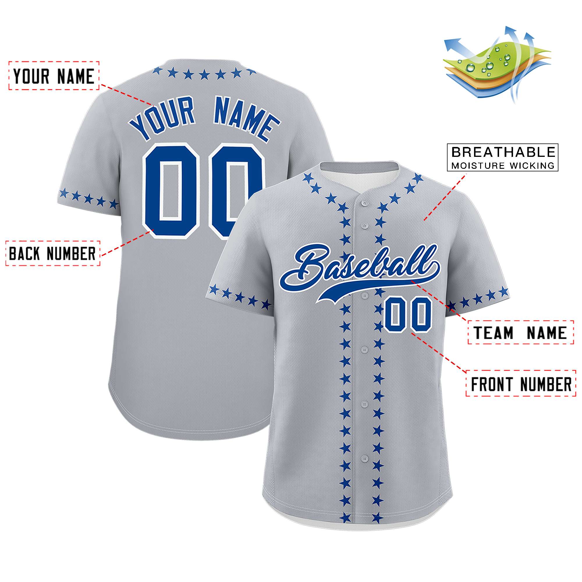 Custom Gray Royal Star Ribbing Authentic Baseball Jersey