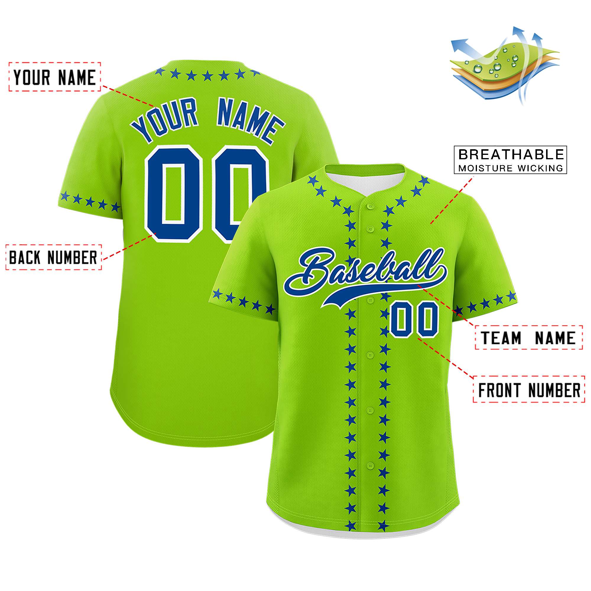 Custom Neon Green Royal Star Ribbing Authentic Baseball Jersey