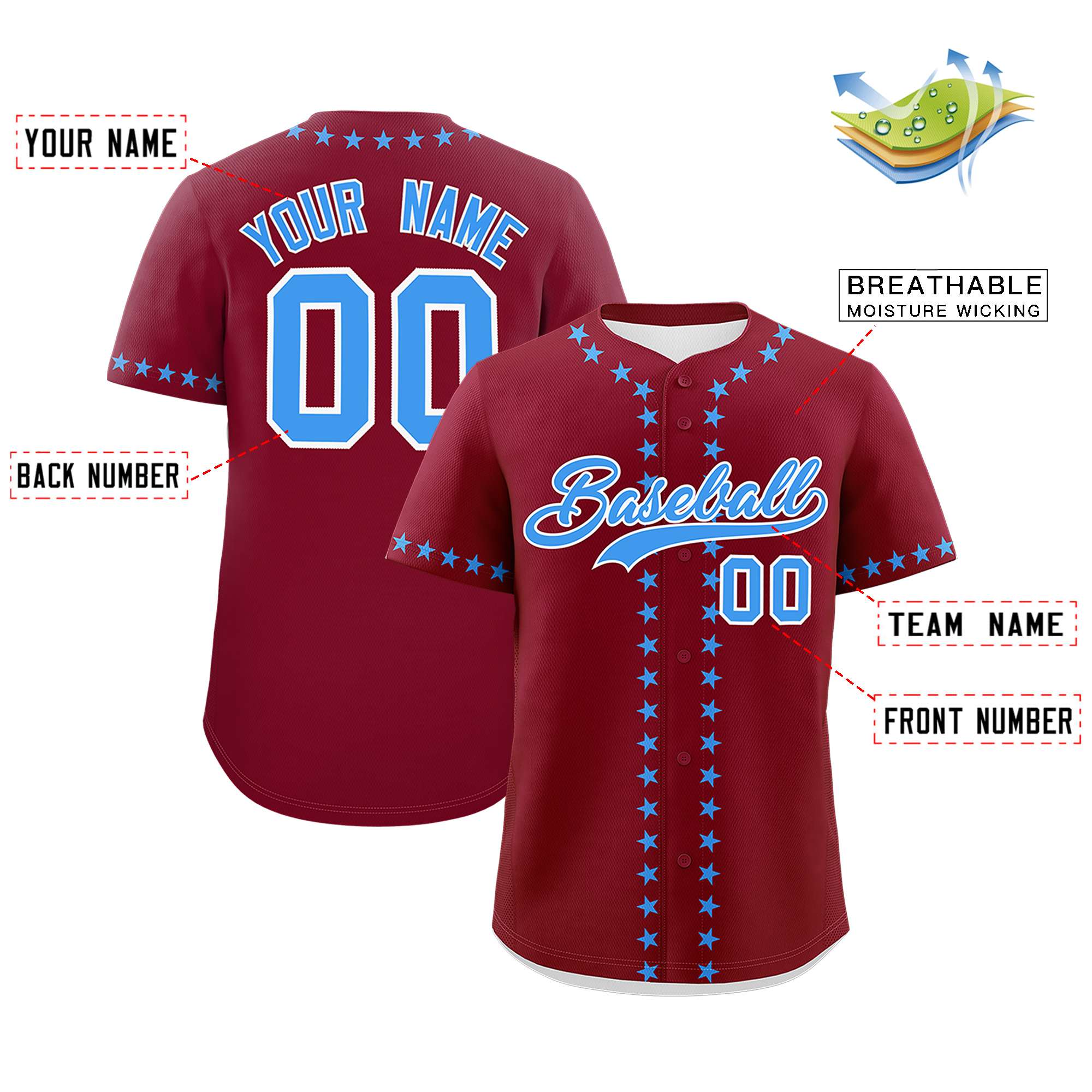 Custom Crimson Powder Blue Star Ribbing Authentic Baseball Jersey