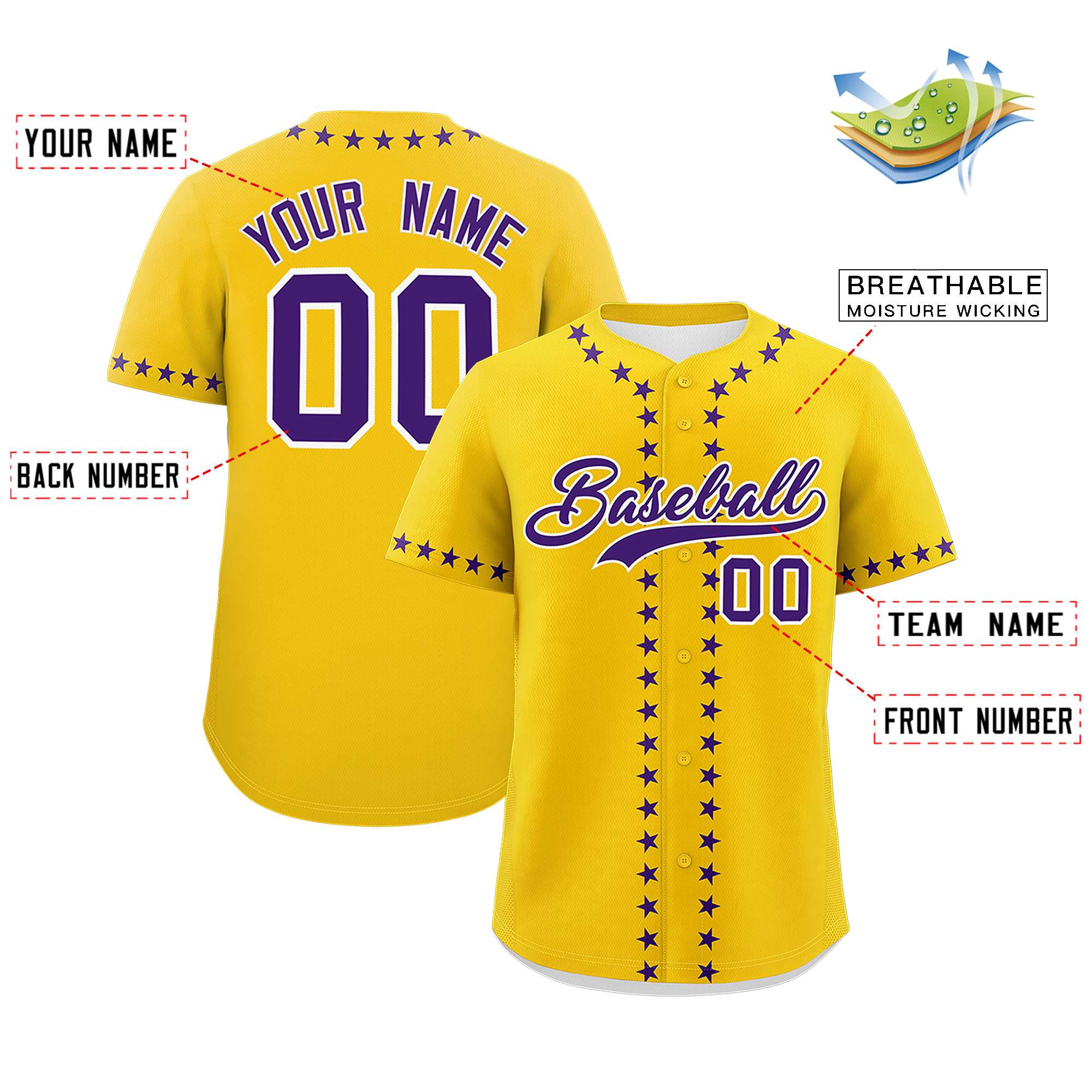 Custom Gold Purple Star Ribbing Authentic Baseball Jersey