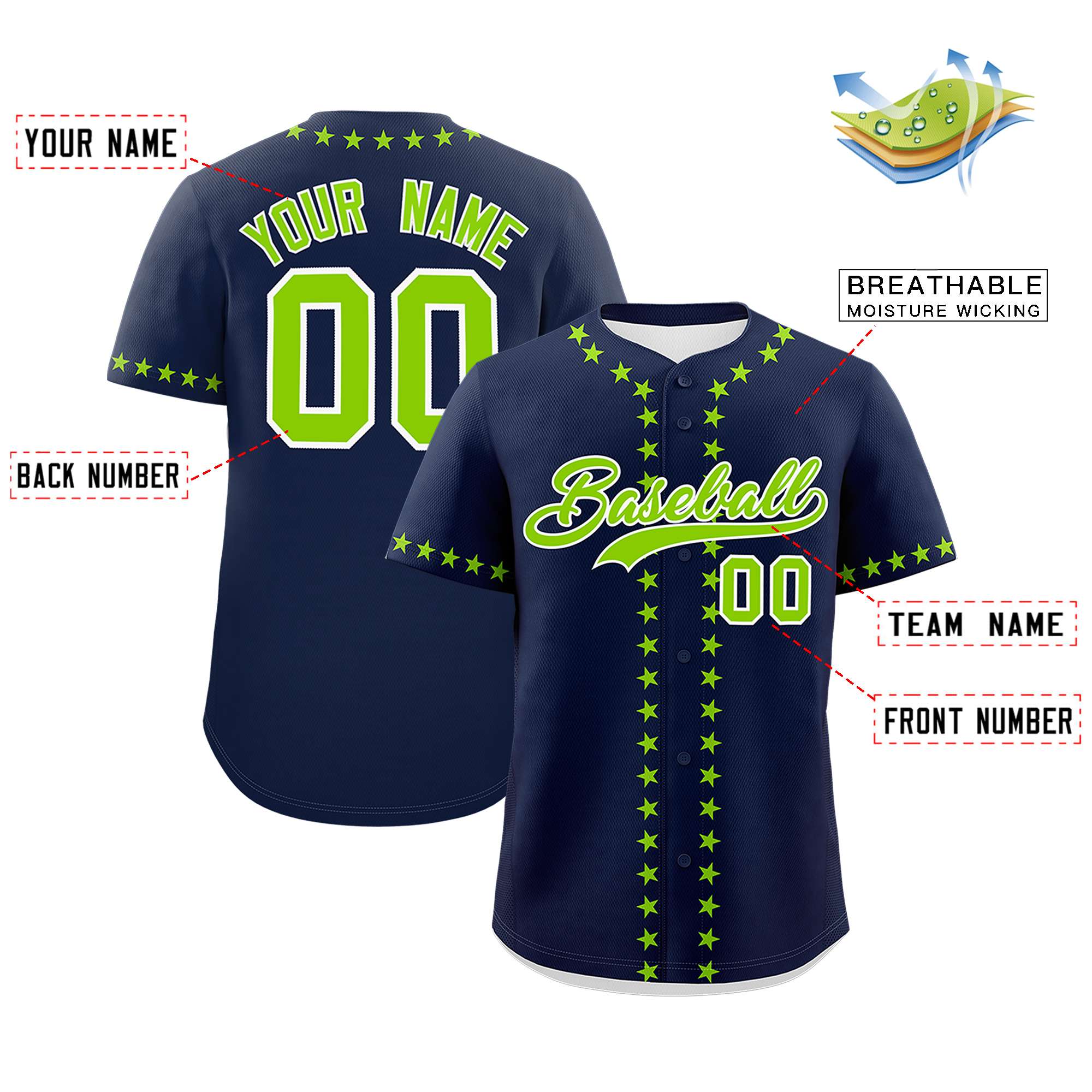 Custom Navy Neon Green Star Ribbing Authentic Baseball Jersey