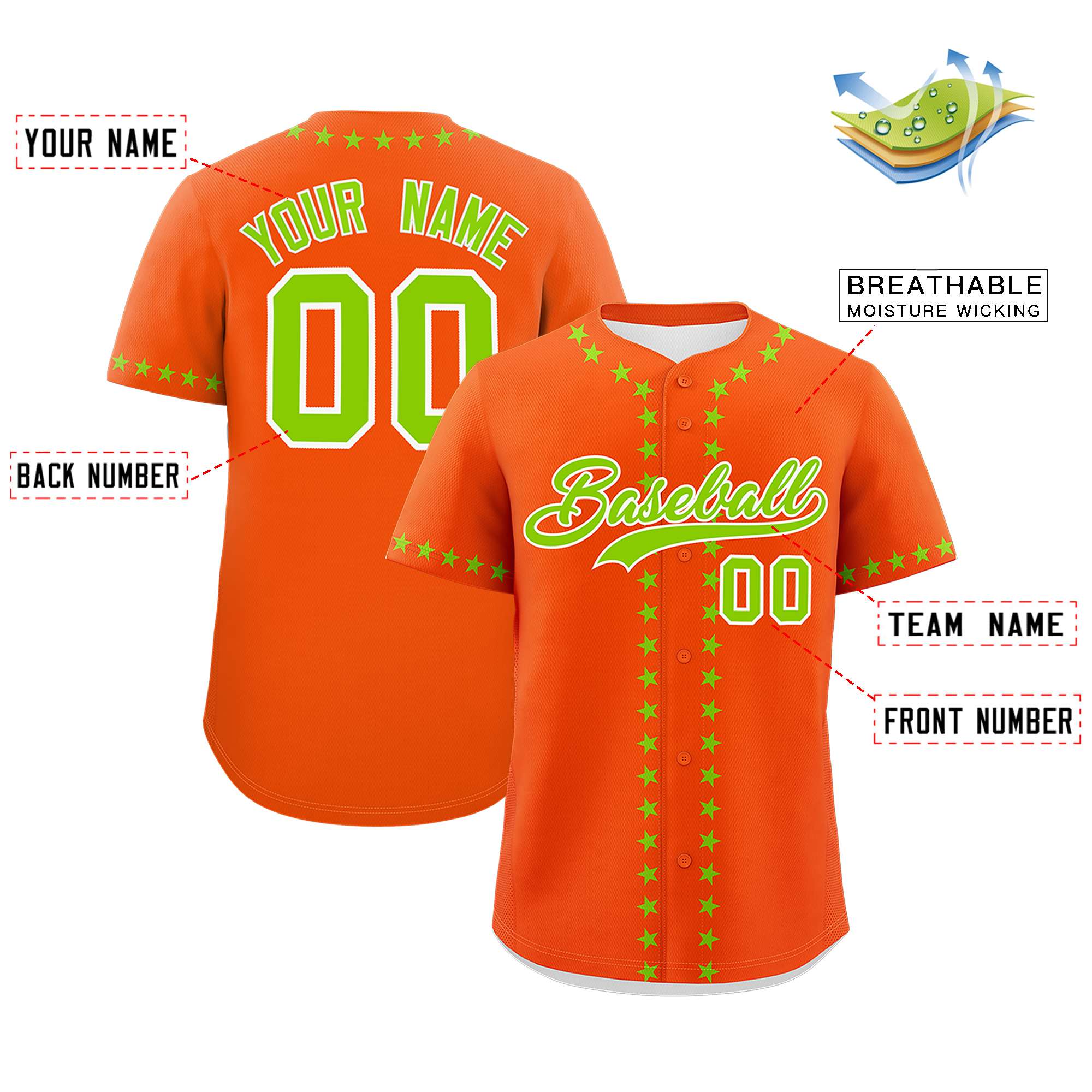 Custom Orange Neon Green Star Ribbing Authentic Baseball Jersey