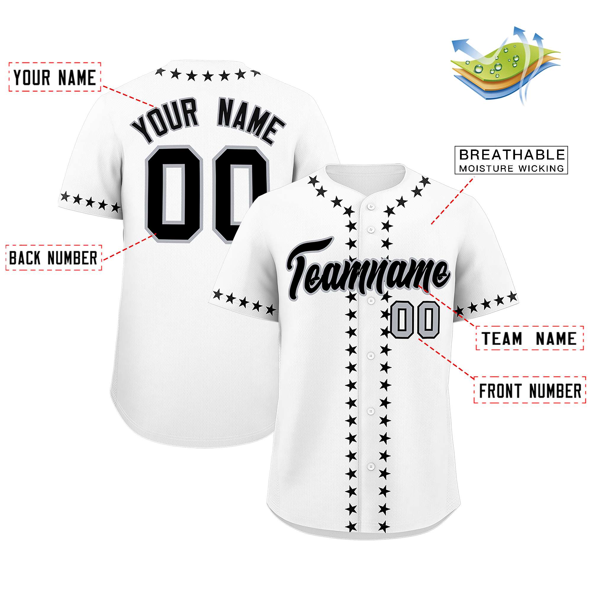 Custom White Black Star Ribbing Authentic Baseball Jersey