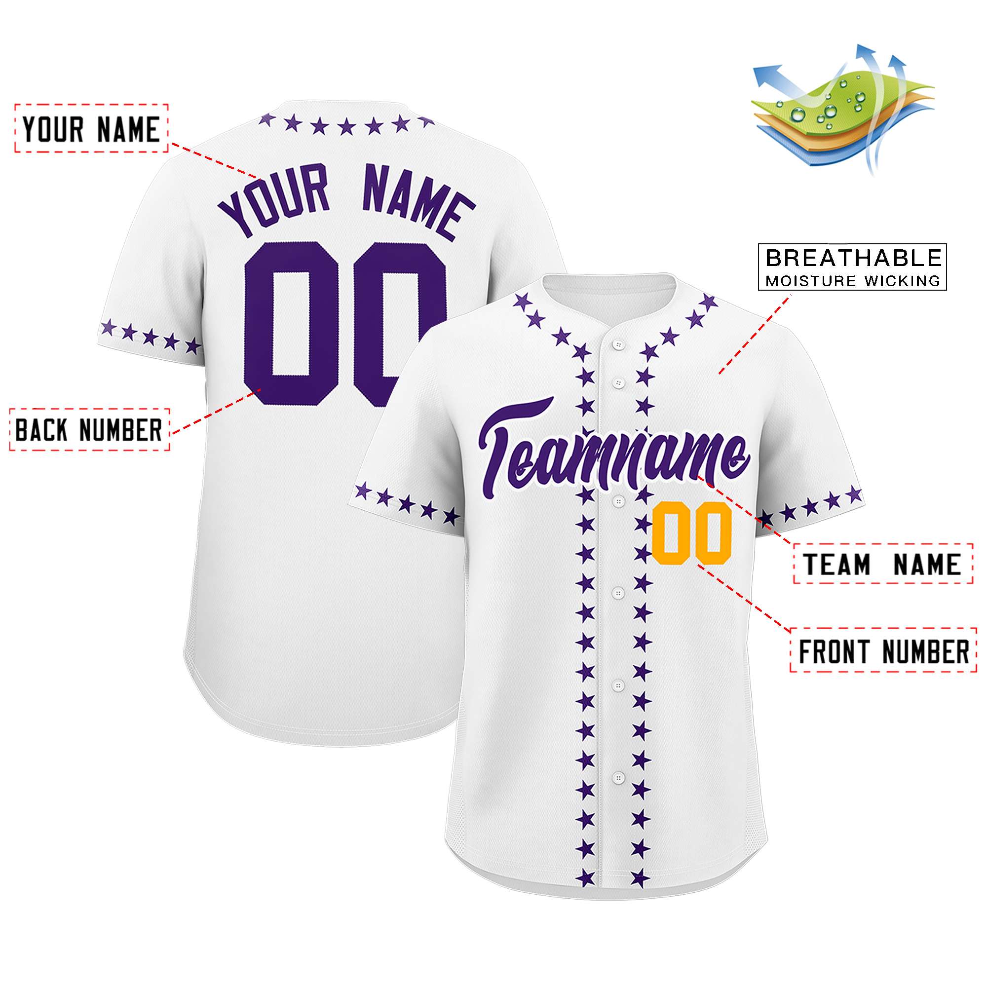 Custom White Purple Star Ribbing Authentic Baseball Jersey