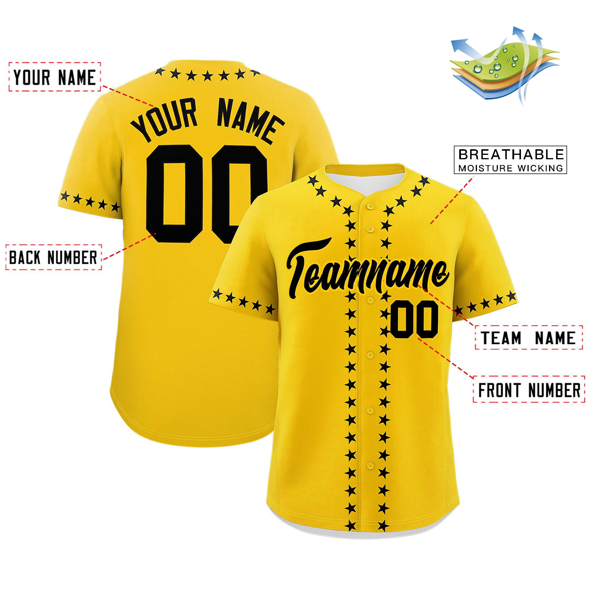 Custom Gold Black Star Ribbing Authentic Baseball Jersey