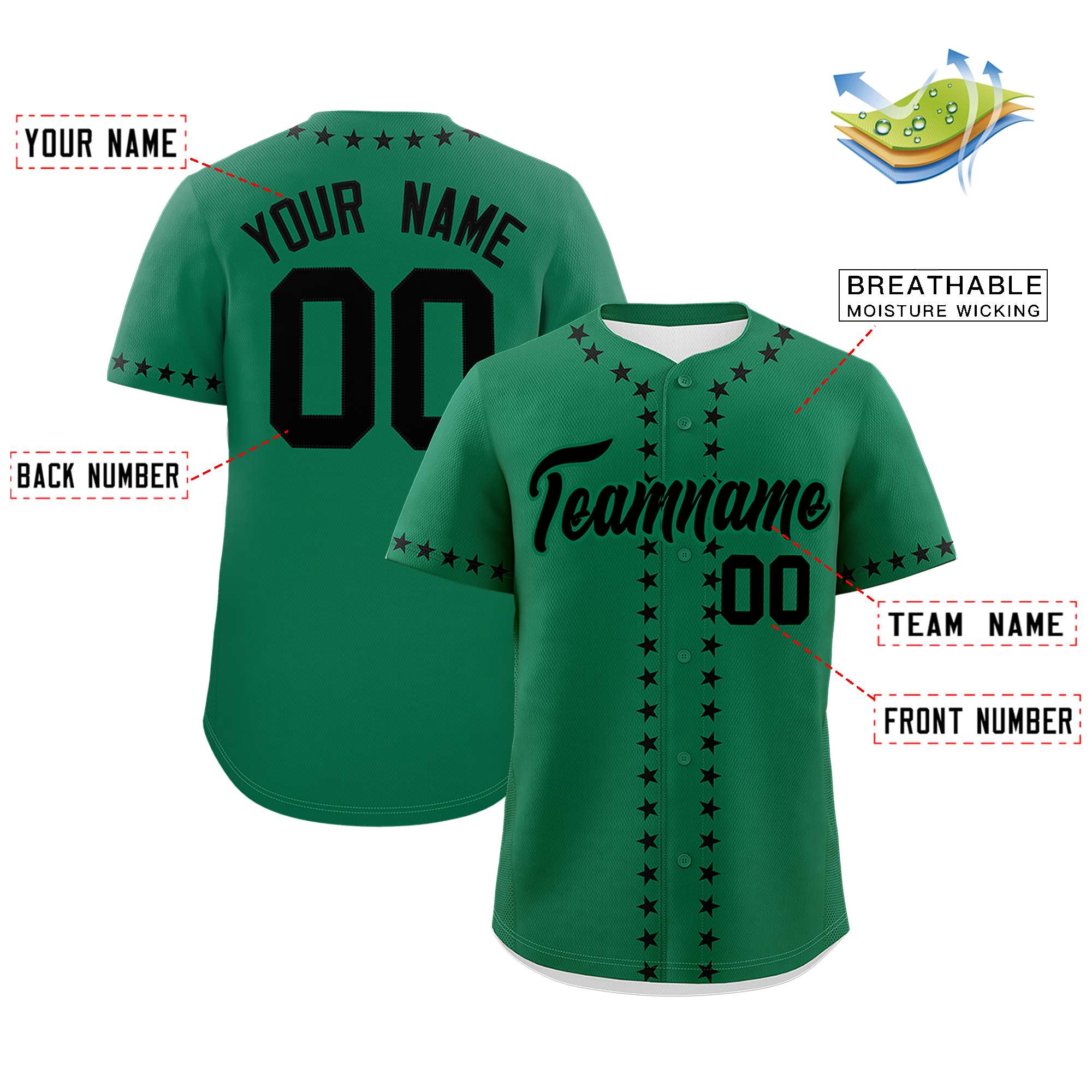 Custom Kelly Green Black Star Ribbing Authentic Baseball Jersey