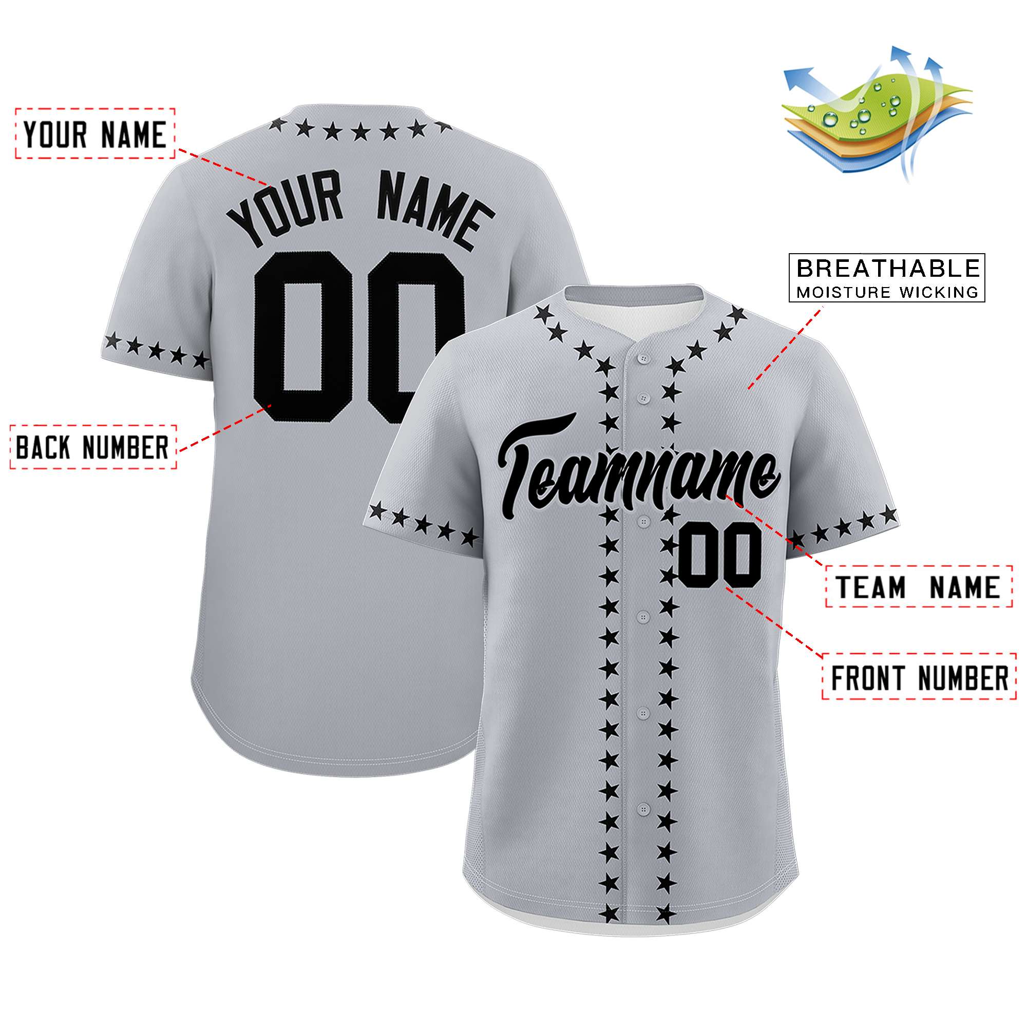 Custom Gray Black Star Ribbing Authentic Baseball Jersey