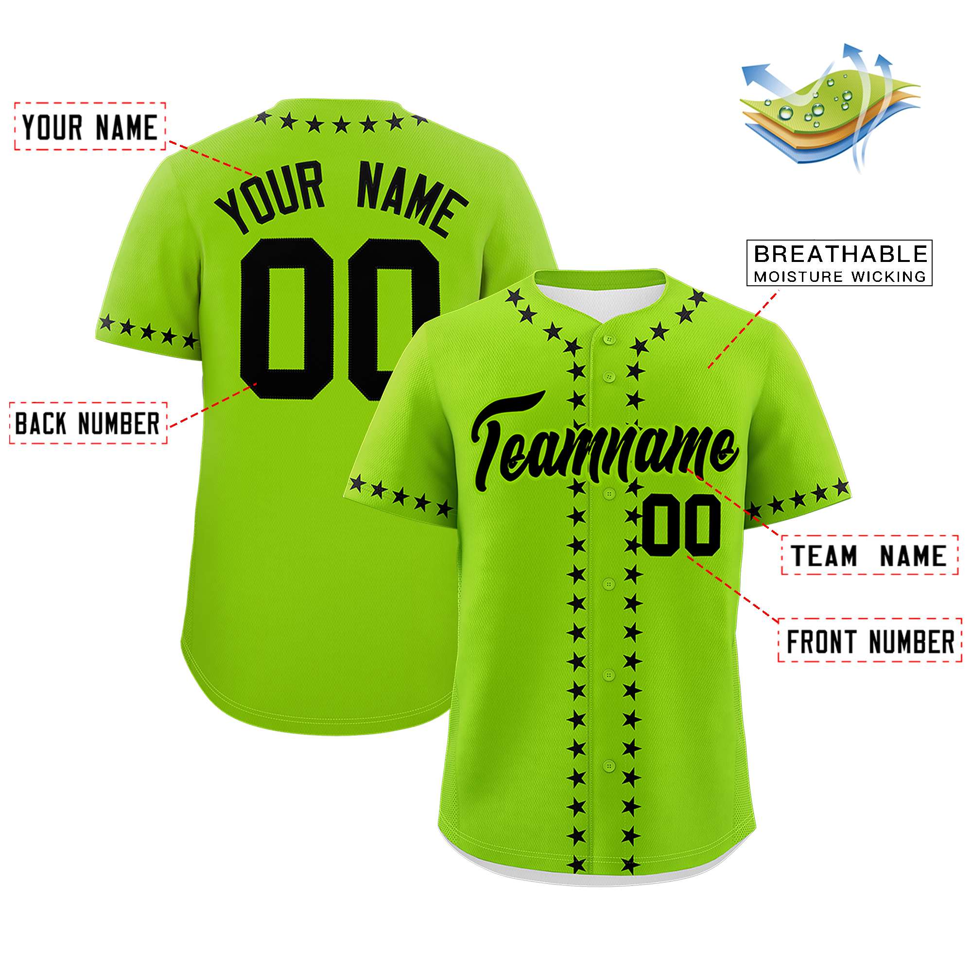 Custom Neon Green Black Star Ribbing Authentic Baseball Jersey