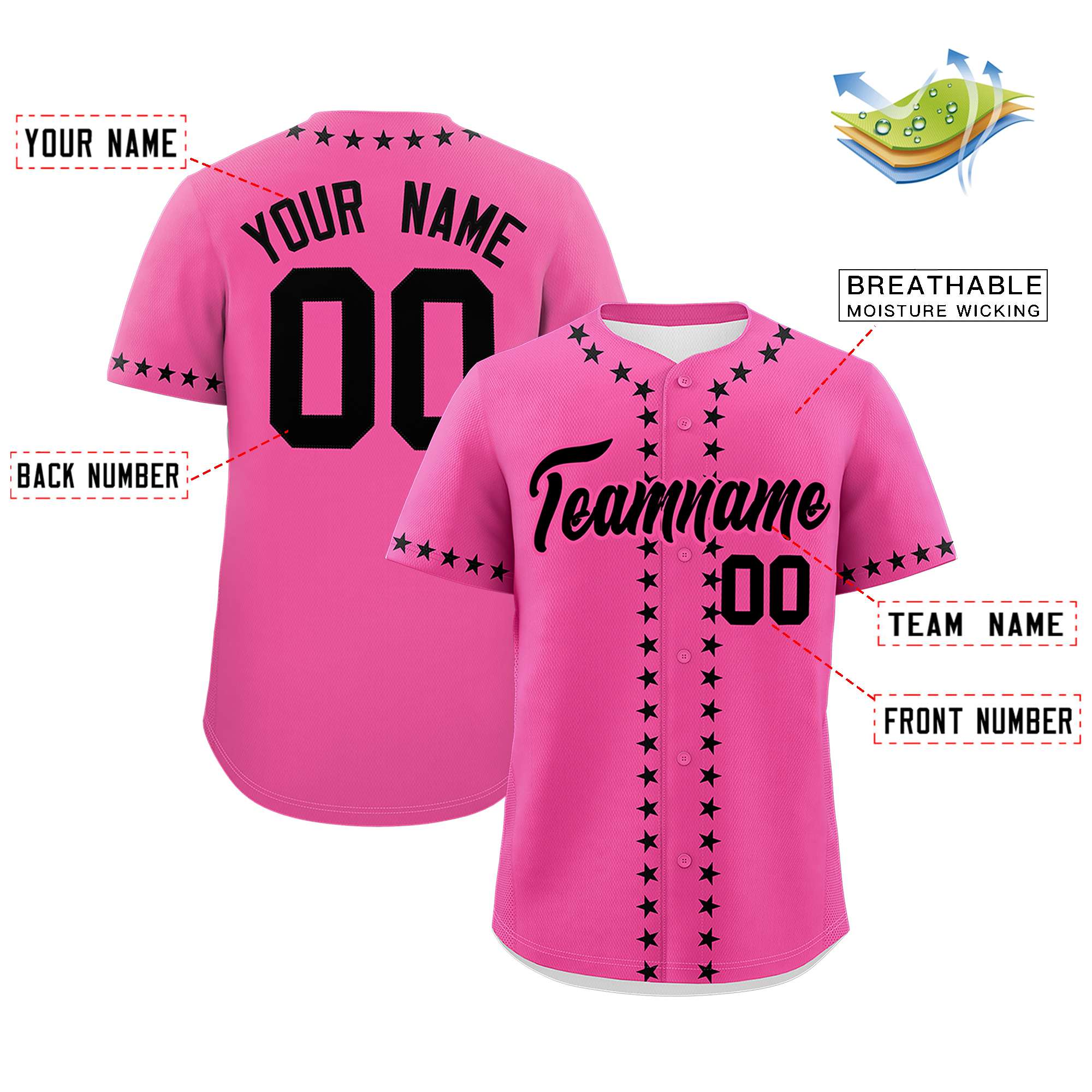 Custom Pink Black Star Ribbing Authentic Baseball Jersey