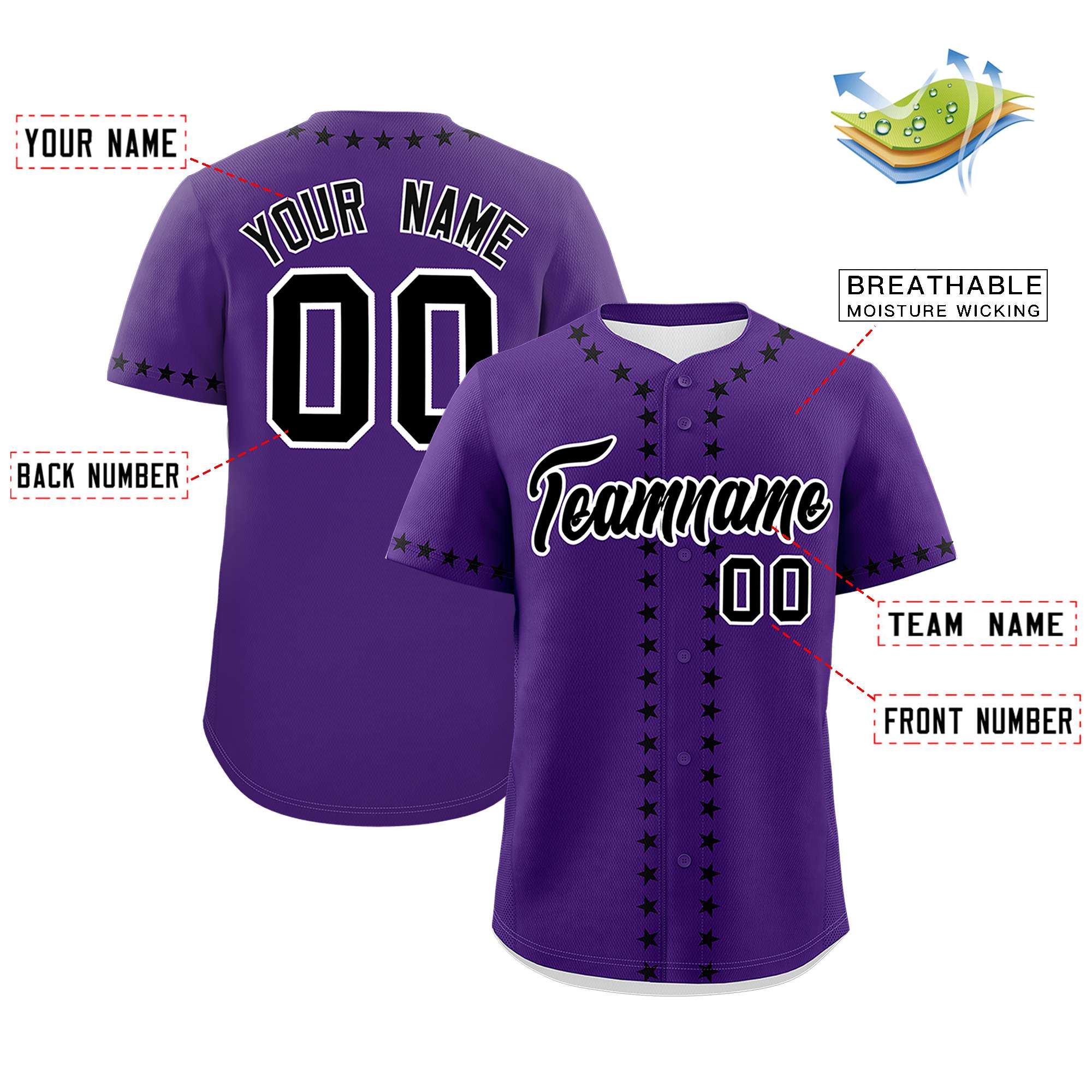 Custom Purple Black Star Ribbing Authentic Baseball Jersey