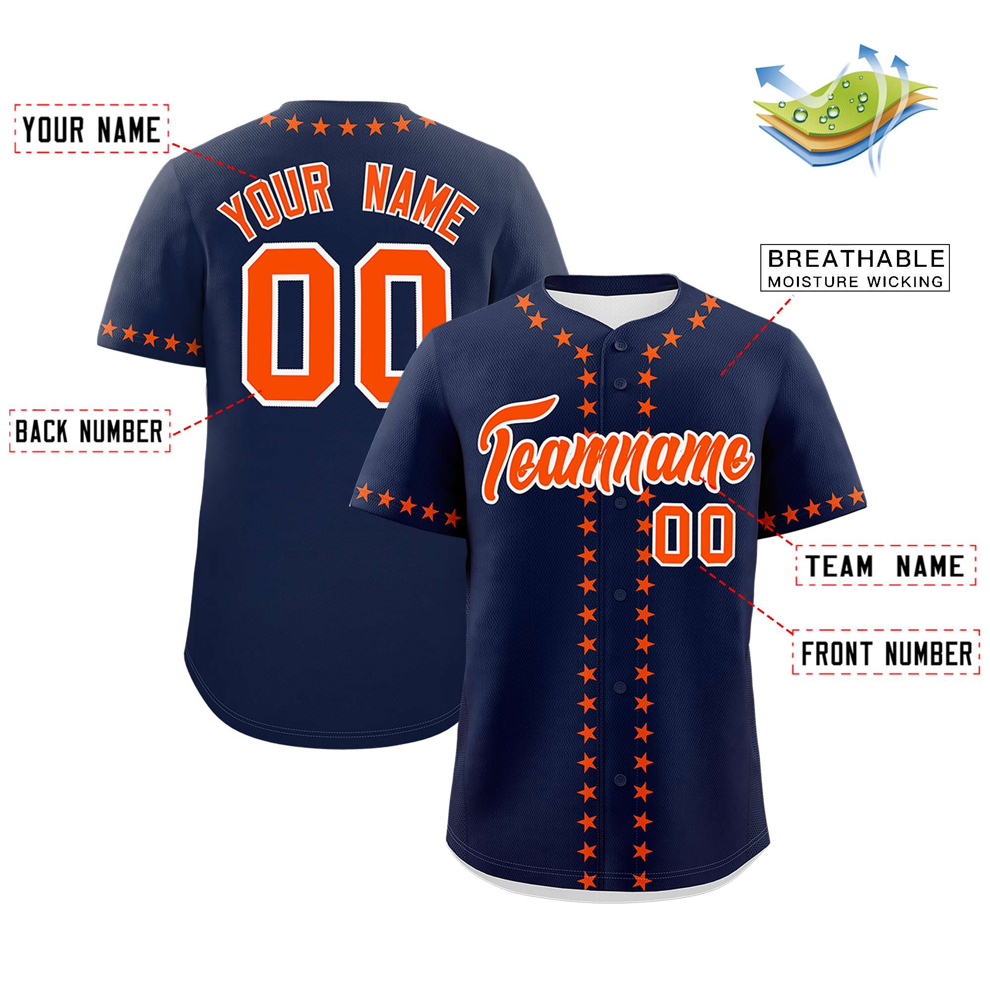 Custom Navy Orange Star Ribbing Authentic Baseball Jersey