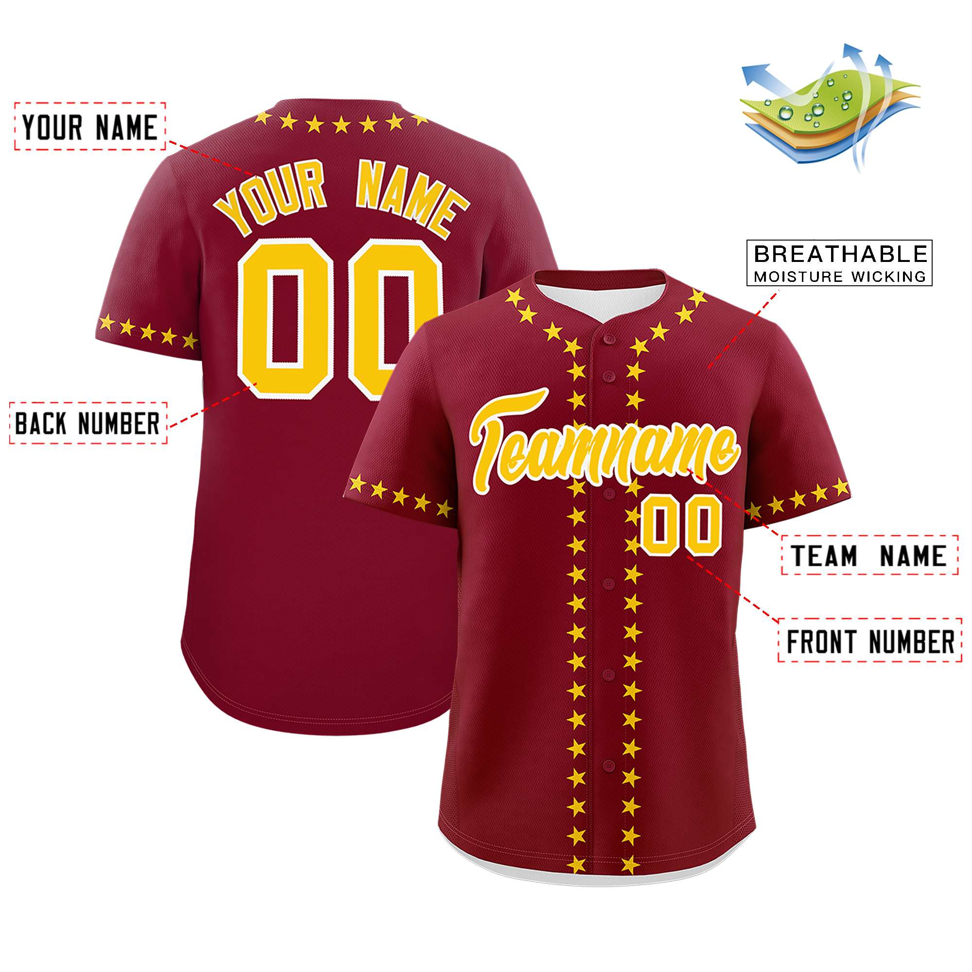 Custom Crimson Gold Star Ribbing Authentic Baseball Jersey