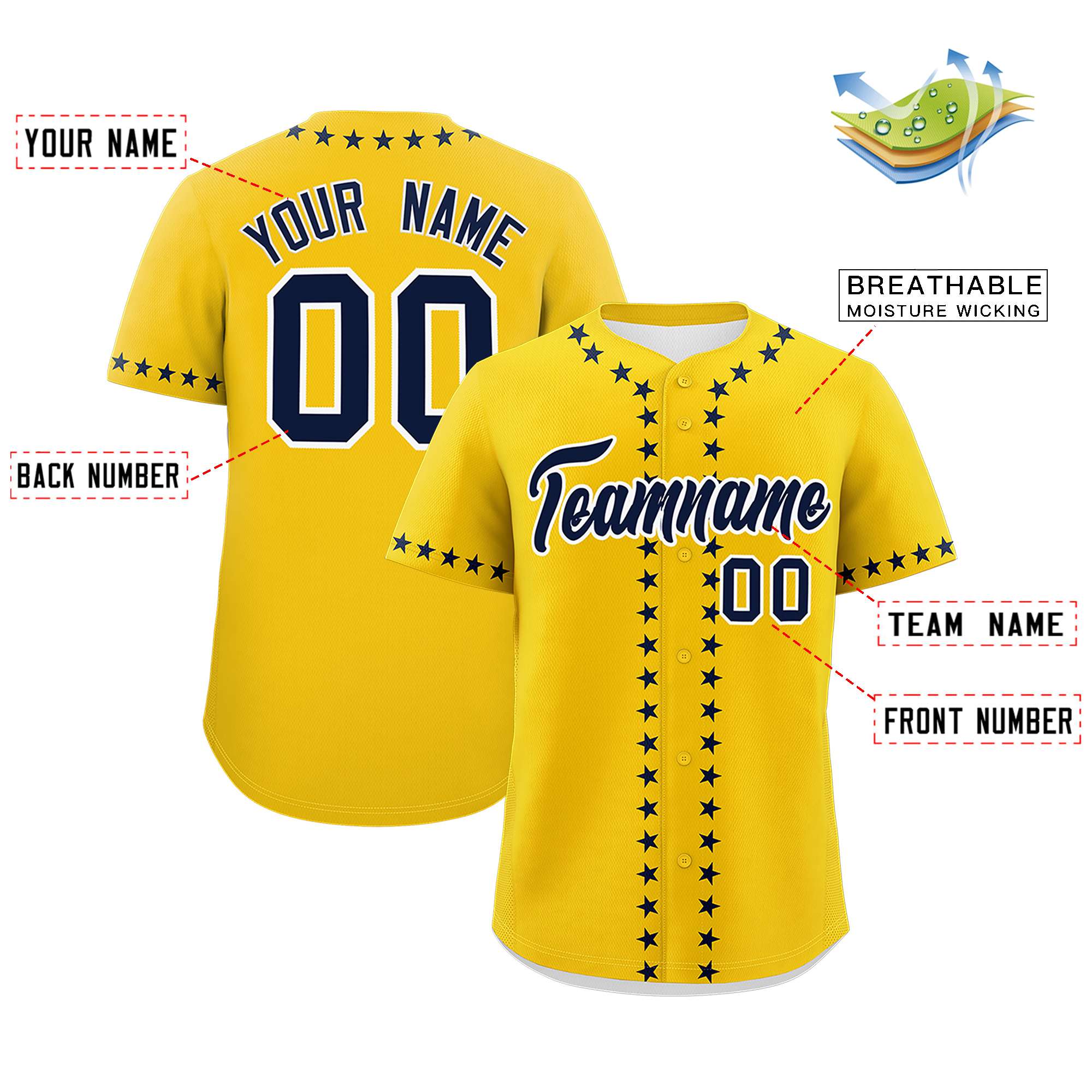 Custom Gold Navy Star Ribbing Authentic Baseball Jersey