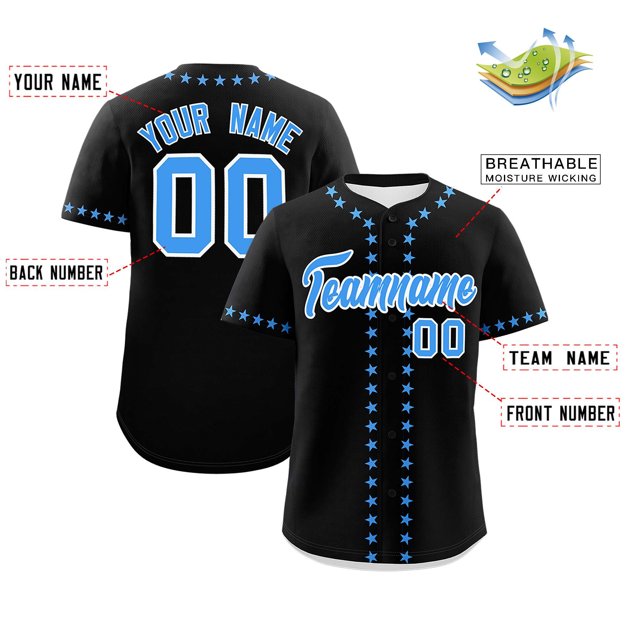 Custom Black Powder Blue Star Ribbing Authentic Baseball Jersey