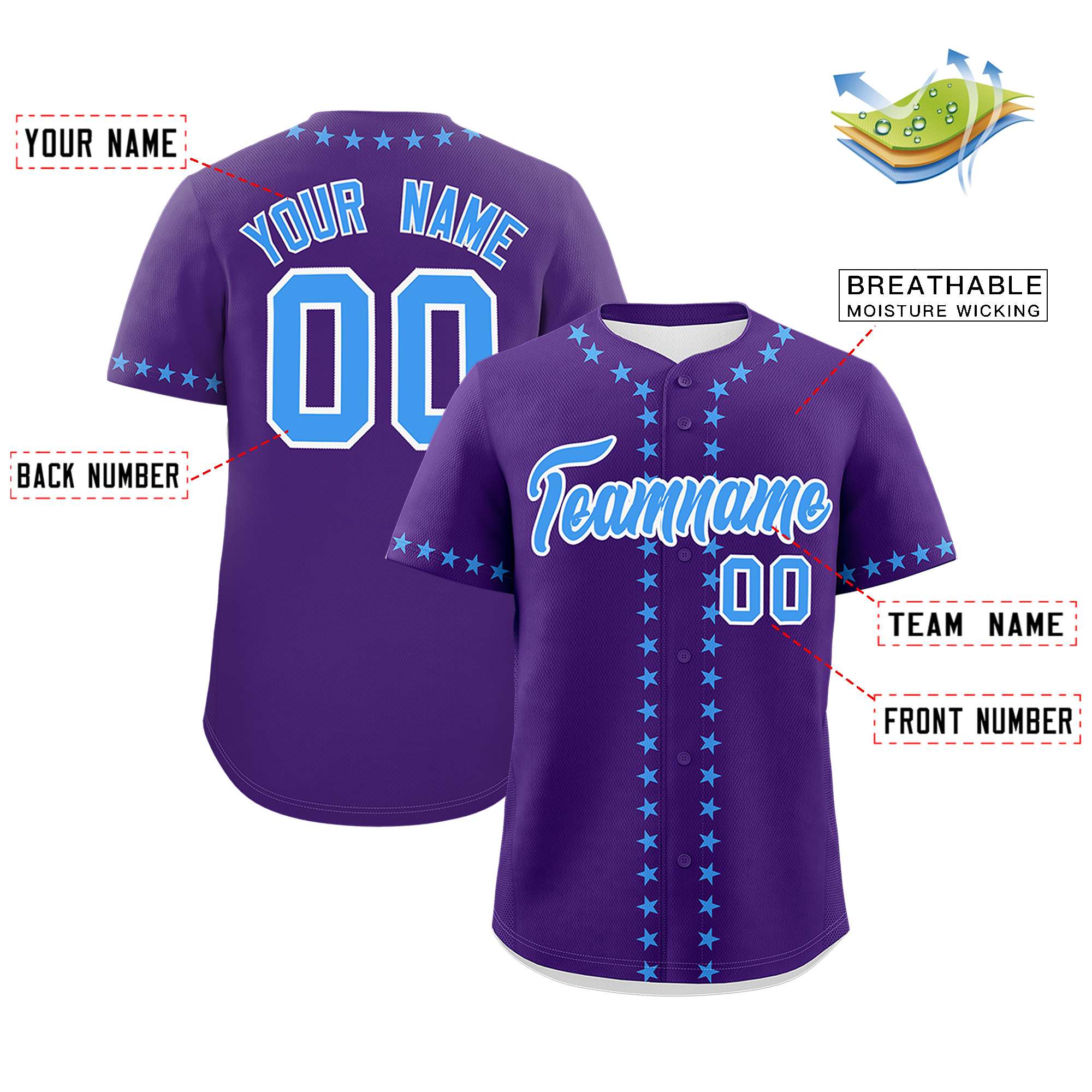 Custom Purple Powder Blue Star Ribbing Authentic Baseball Jersey