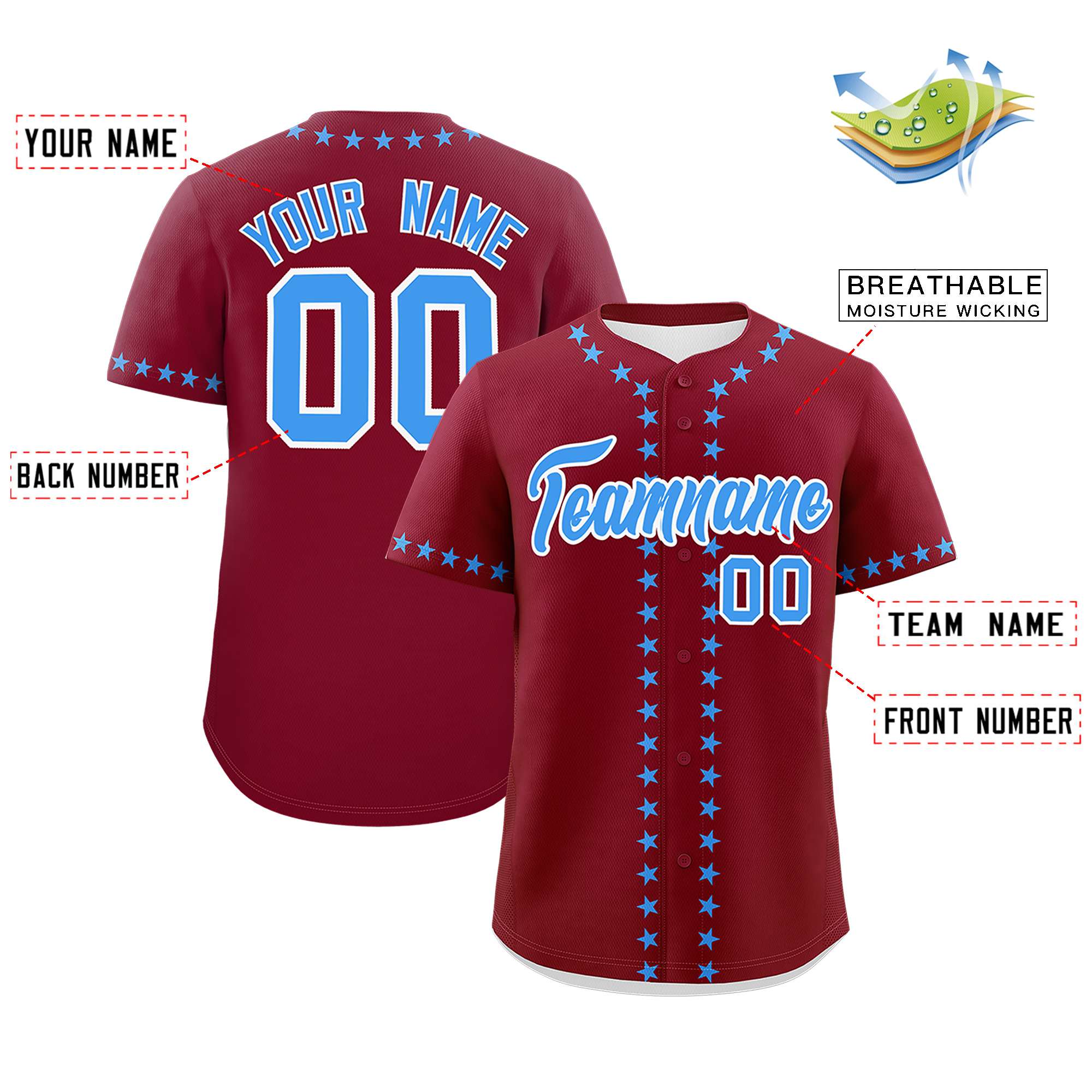 Custom Crimson Powder Blue Star Ribbing Authentic Baseball Jersey