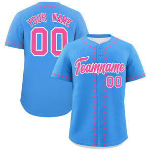 Custom Powder Blue Pink Star Ribbing Authentic Baseball Jersey