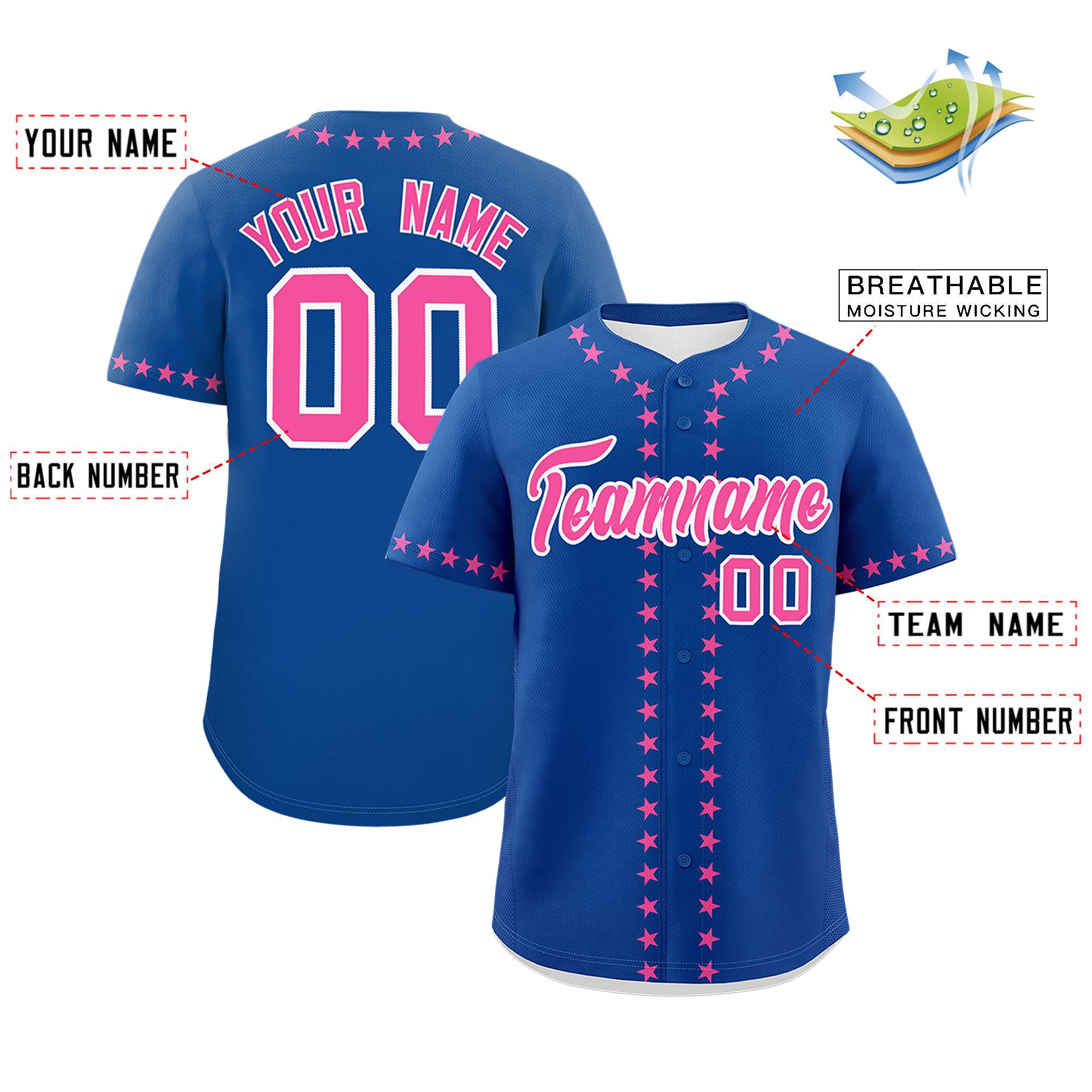 Custom Royal Pink Star Ribbing Authentic Baseball Jersey