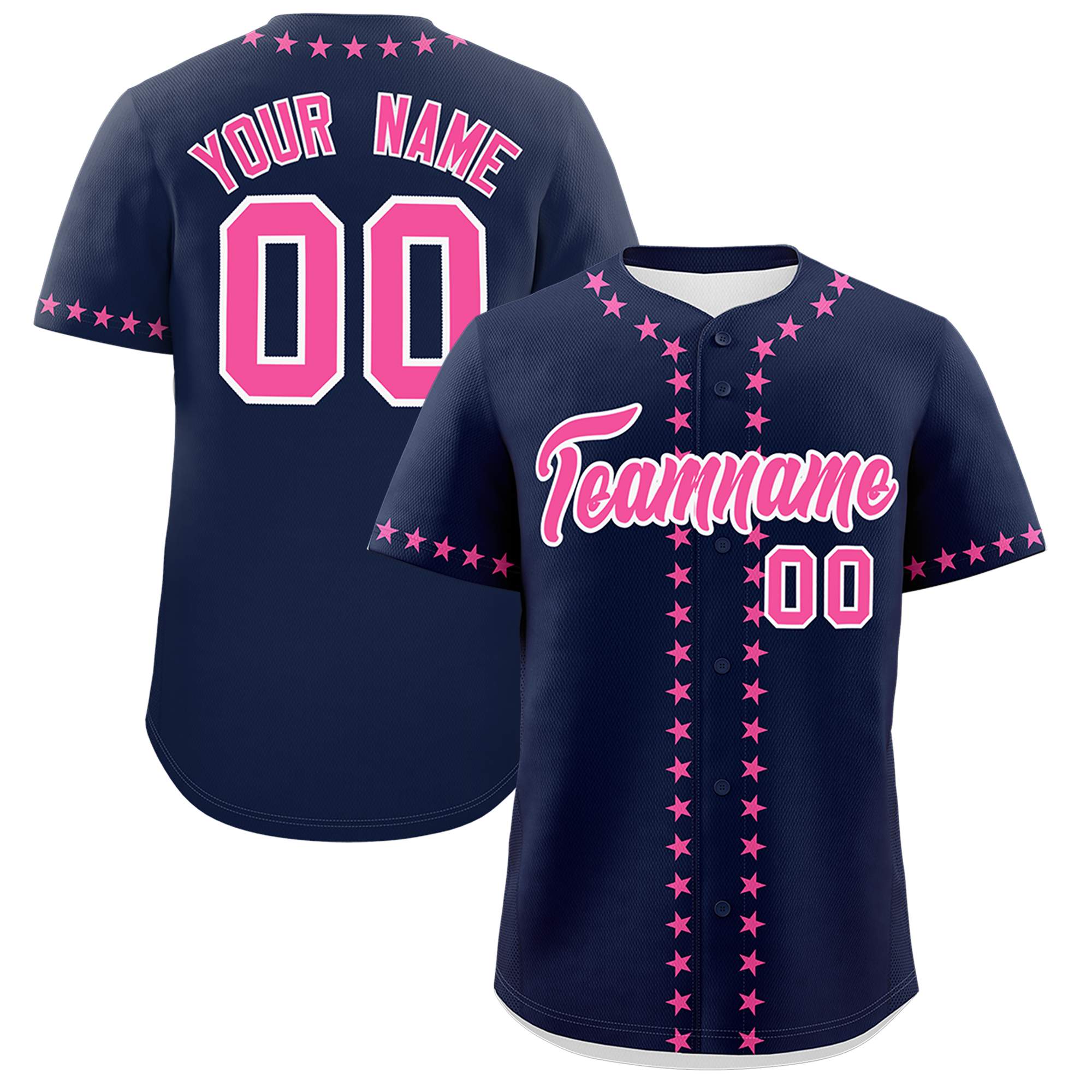 Custom Navy Pink Star Ribbing Authentic Baseball Jersey