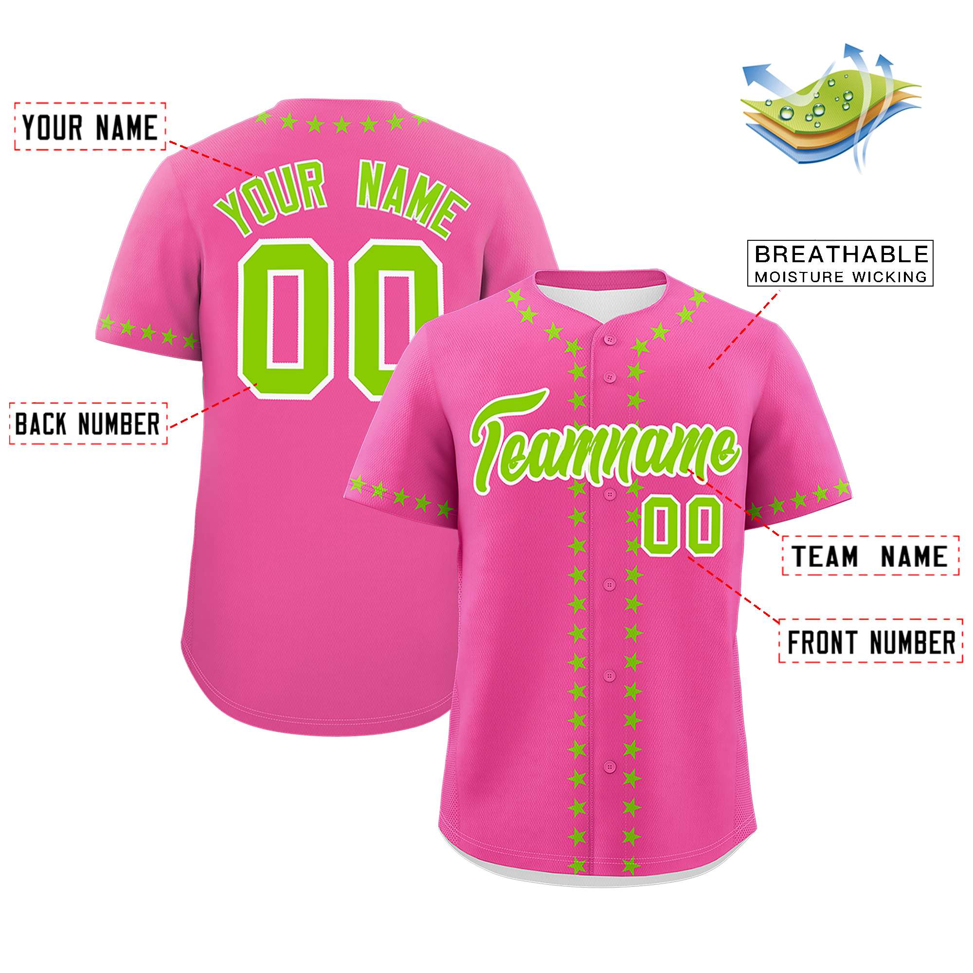 Custom Pink Neon Green Star Ribbing Authentic Baseball Jersey