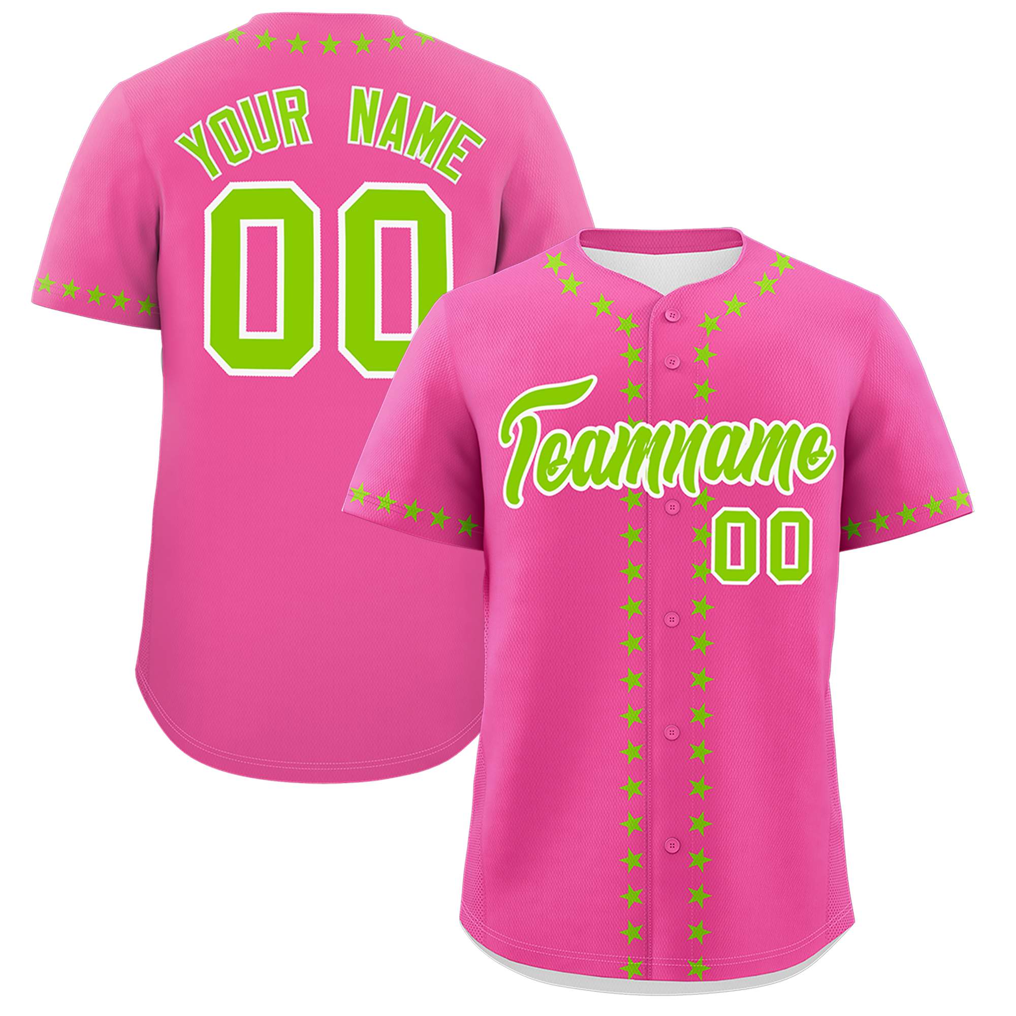 Custom Pink Neon Green Star Ribbing Authentic Baseball Jersey