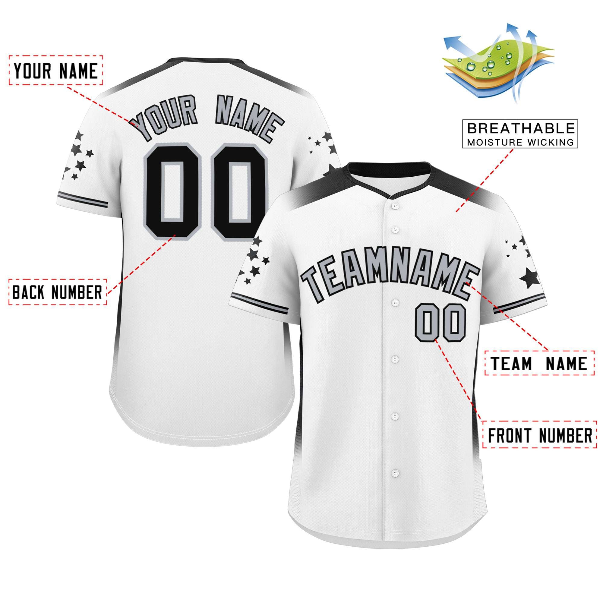 Custom White Black Gradient Side Personalized Star Pattern Authentic Baseball Jersey