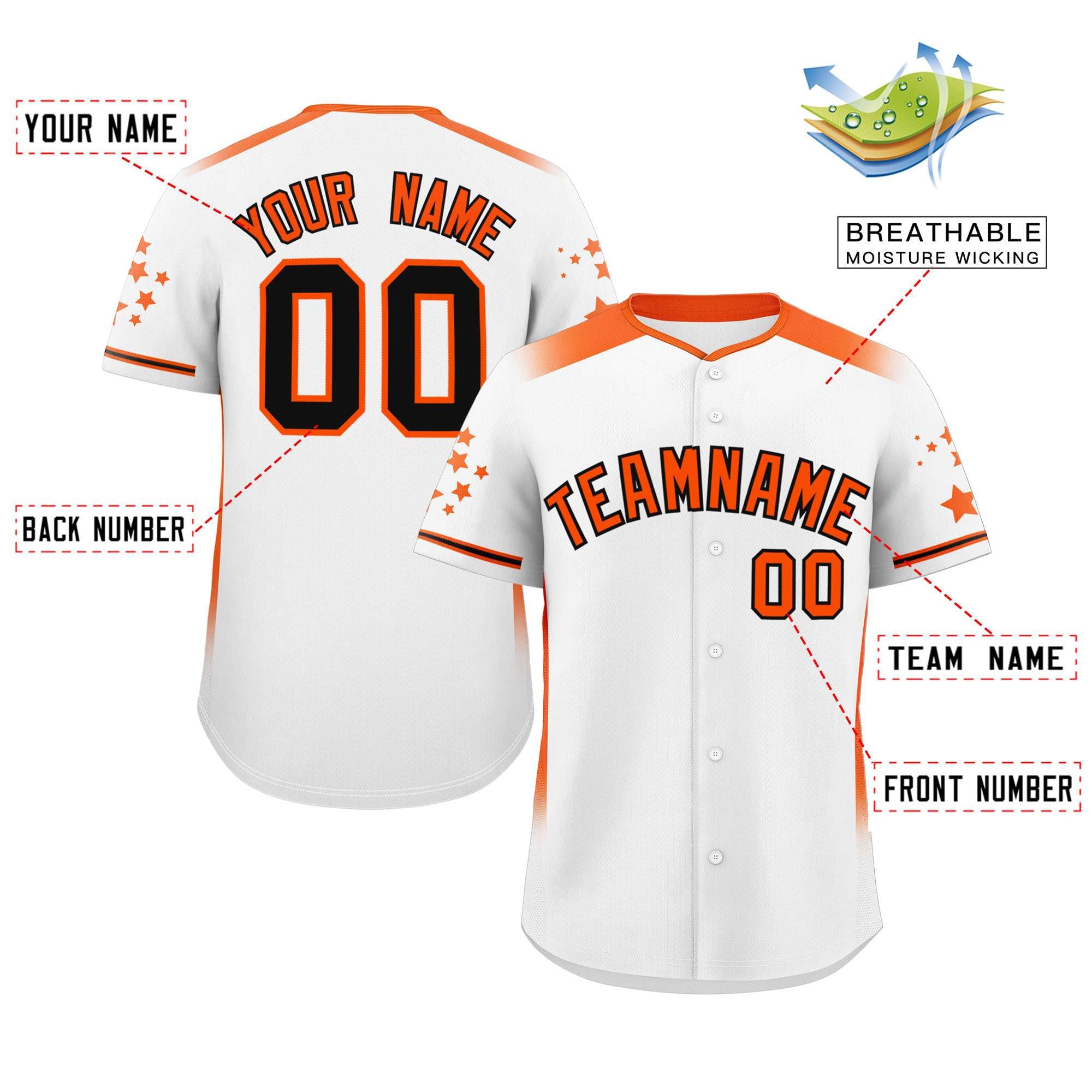 Custom White Orange Gradient Side Personalized Star Pattern Authentic Baseball Jersey