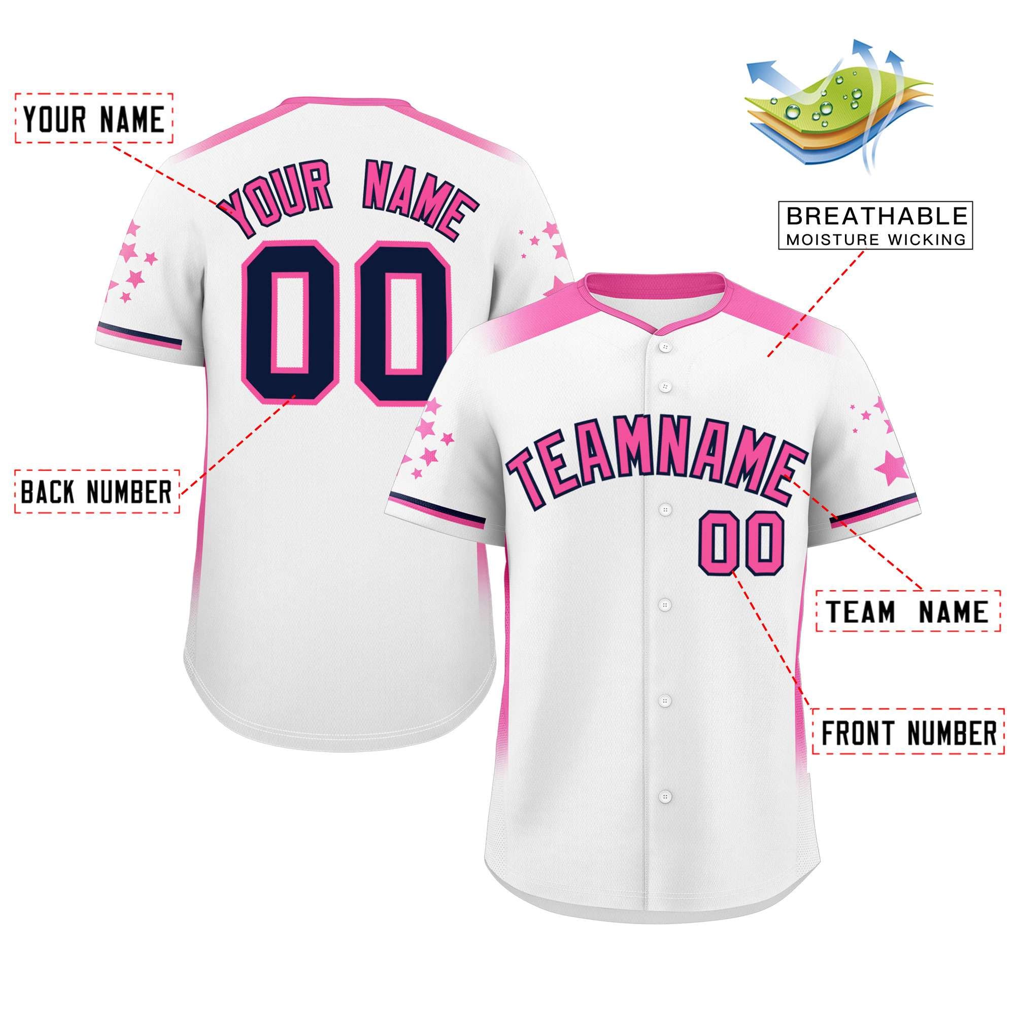 Custom White Pink Gradient Side Personalized Star Pattern Authentic Baseball Jersey