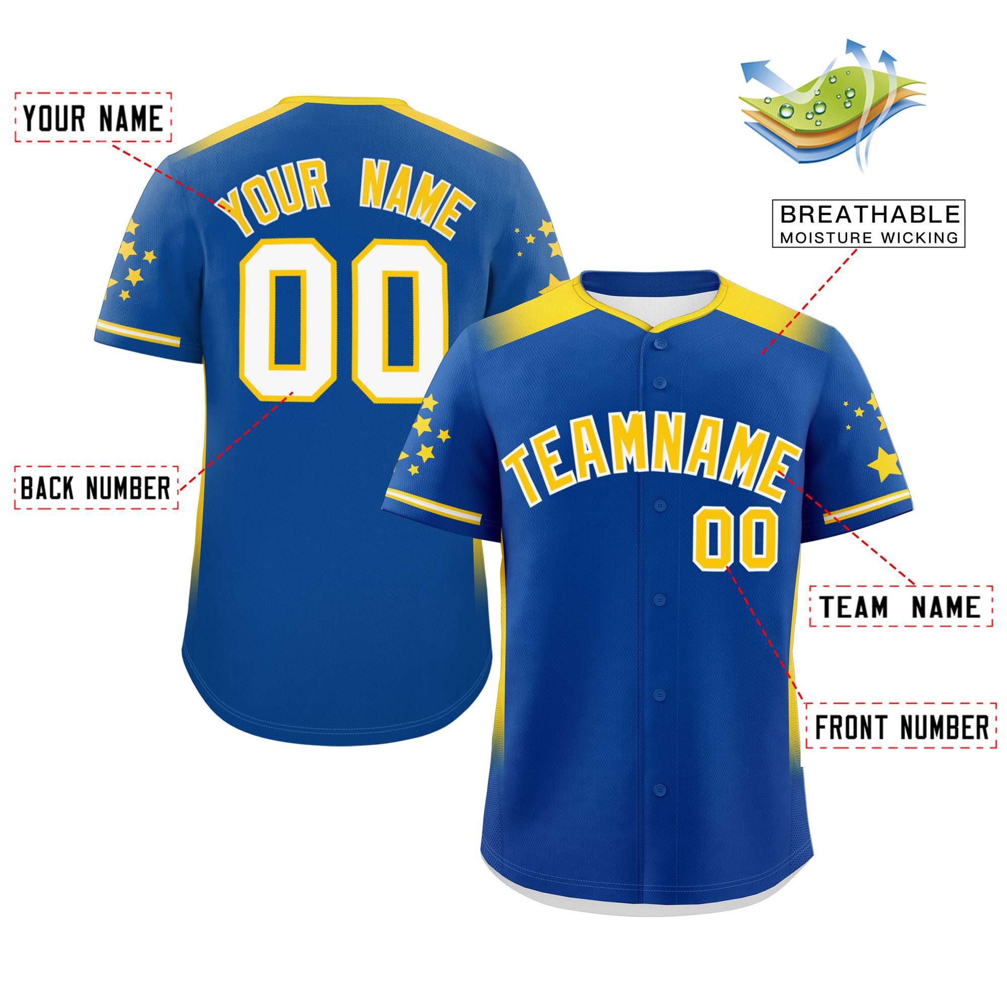 Custom Royal Gold Gradient Side Personalized Star Pattern Authentic Baseball Jersey