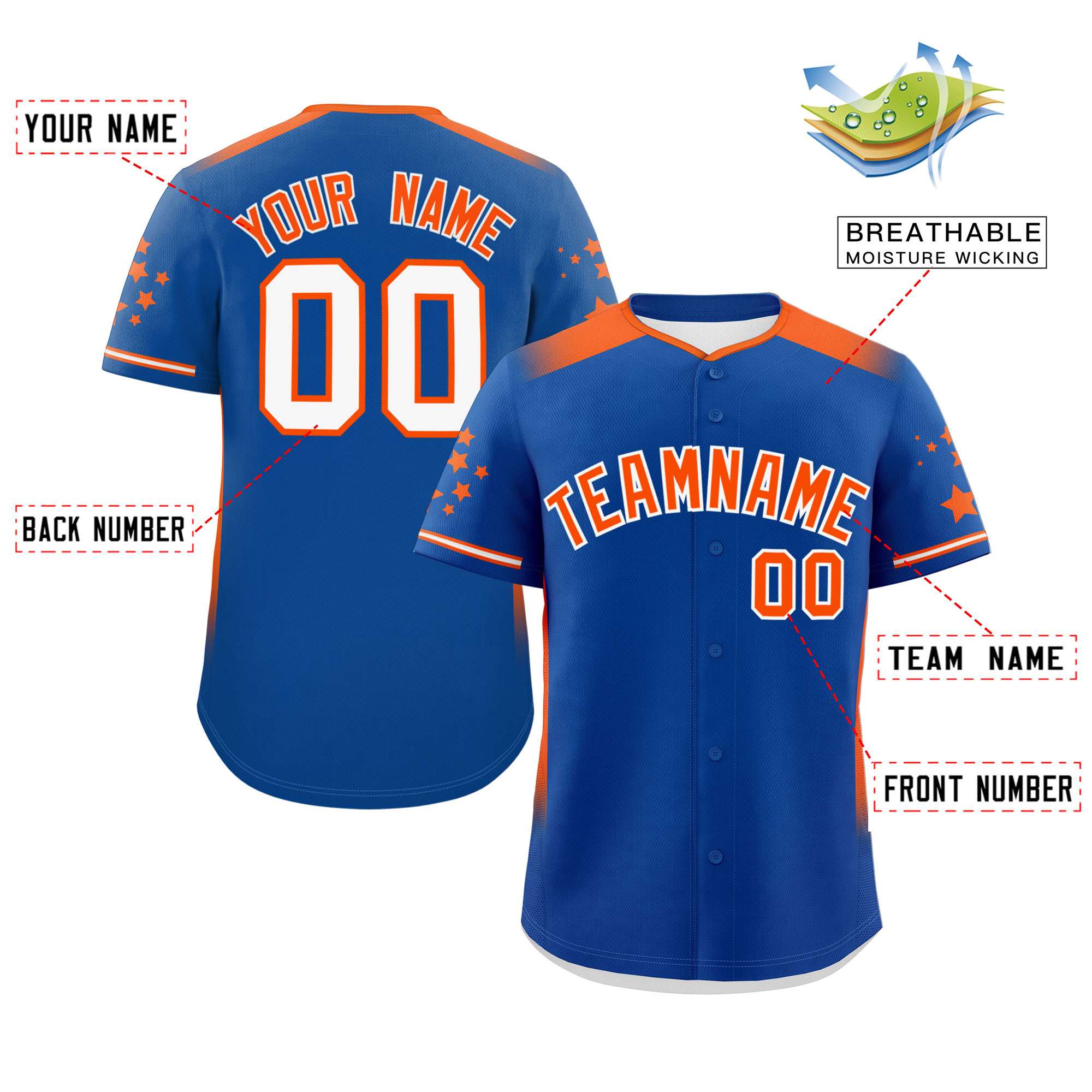 Custom Royal Orange Gradient Side Personalized Star Pattern Authentic Baseball Jersey