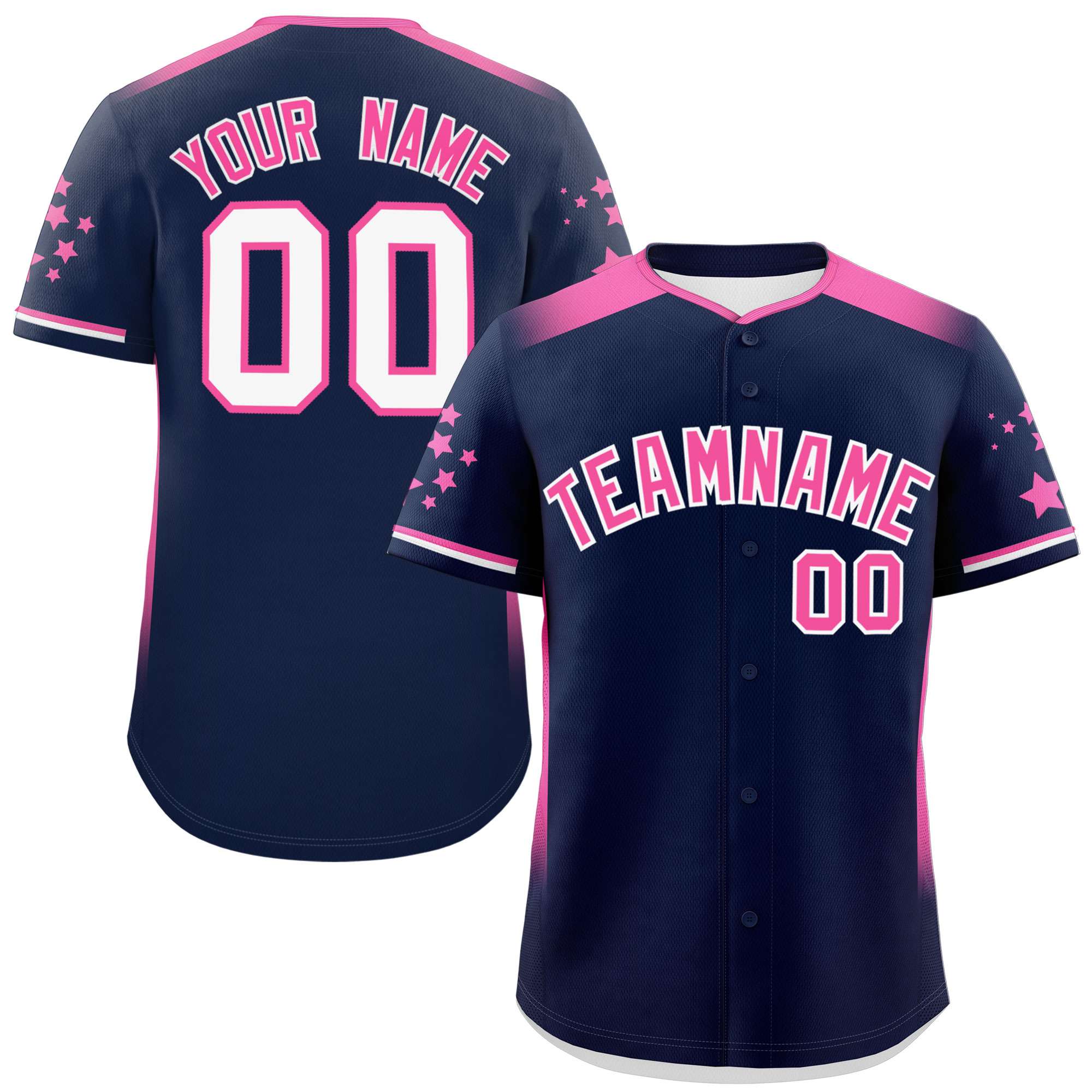 Custom Navy Pink Gradient Side Personalized Star Pattern Authentic Baseball Jersey