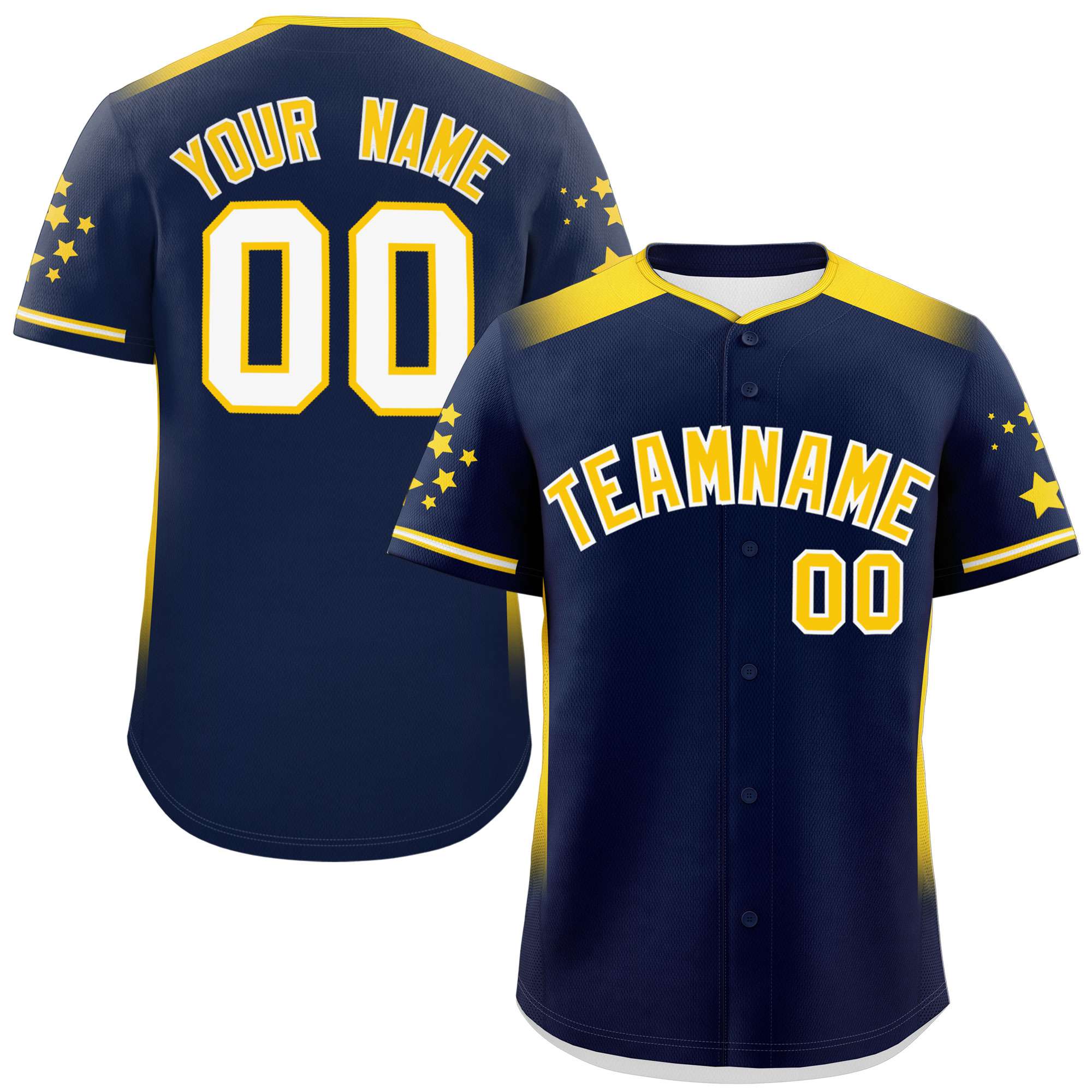 Custom Navy Gold Gradient Side Personalized Star Pattern Authentic Baseball Jersey