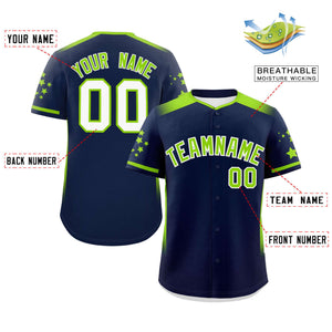 Custom Navy Neon Green Gradient Side Personalized Star Pattern Authentic Baseball Jersey